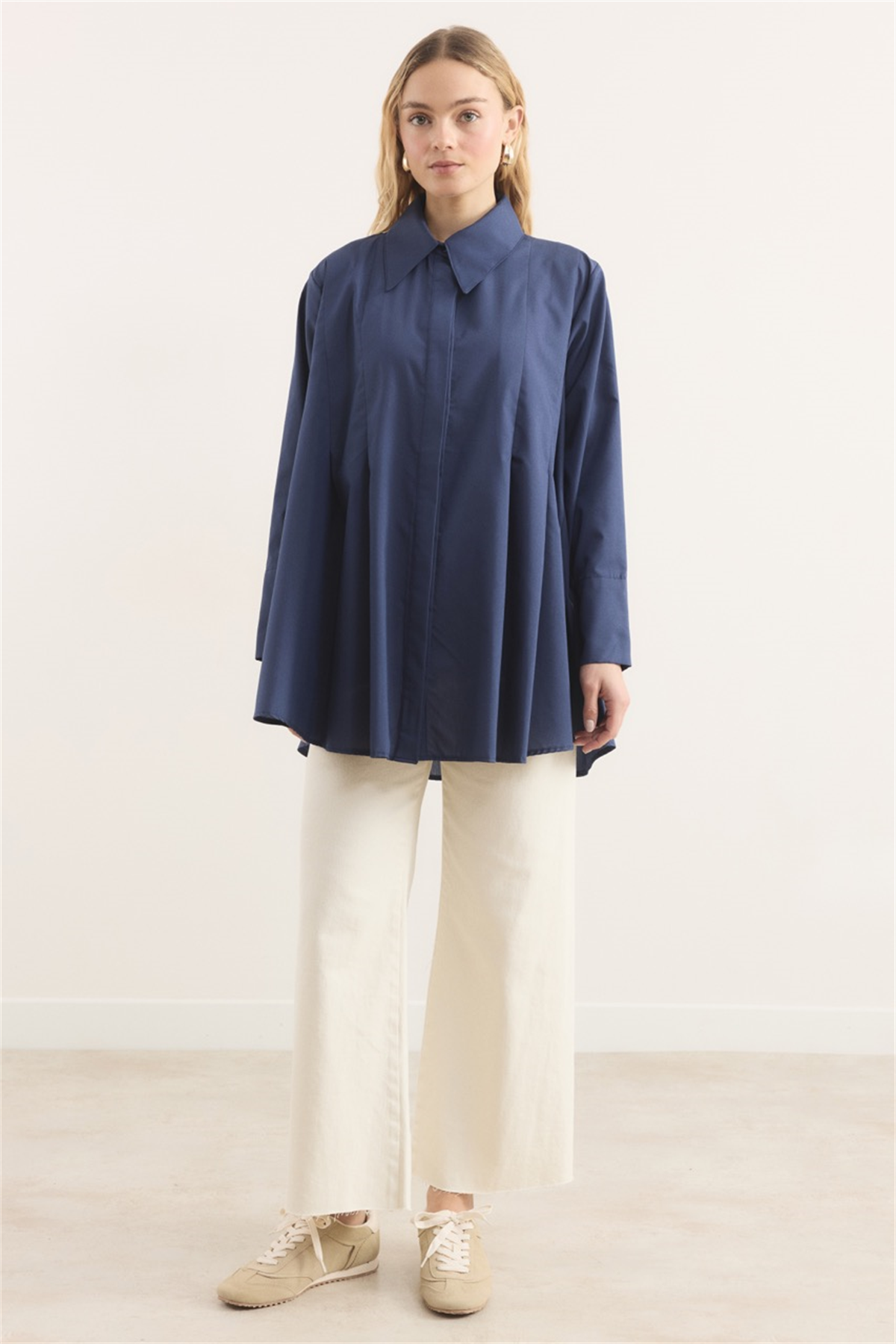 Önü Pileli Dacron Gömlek - Lacivert