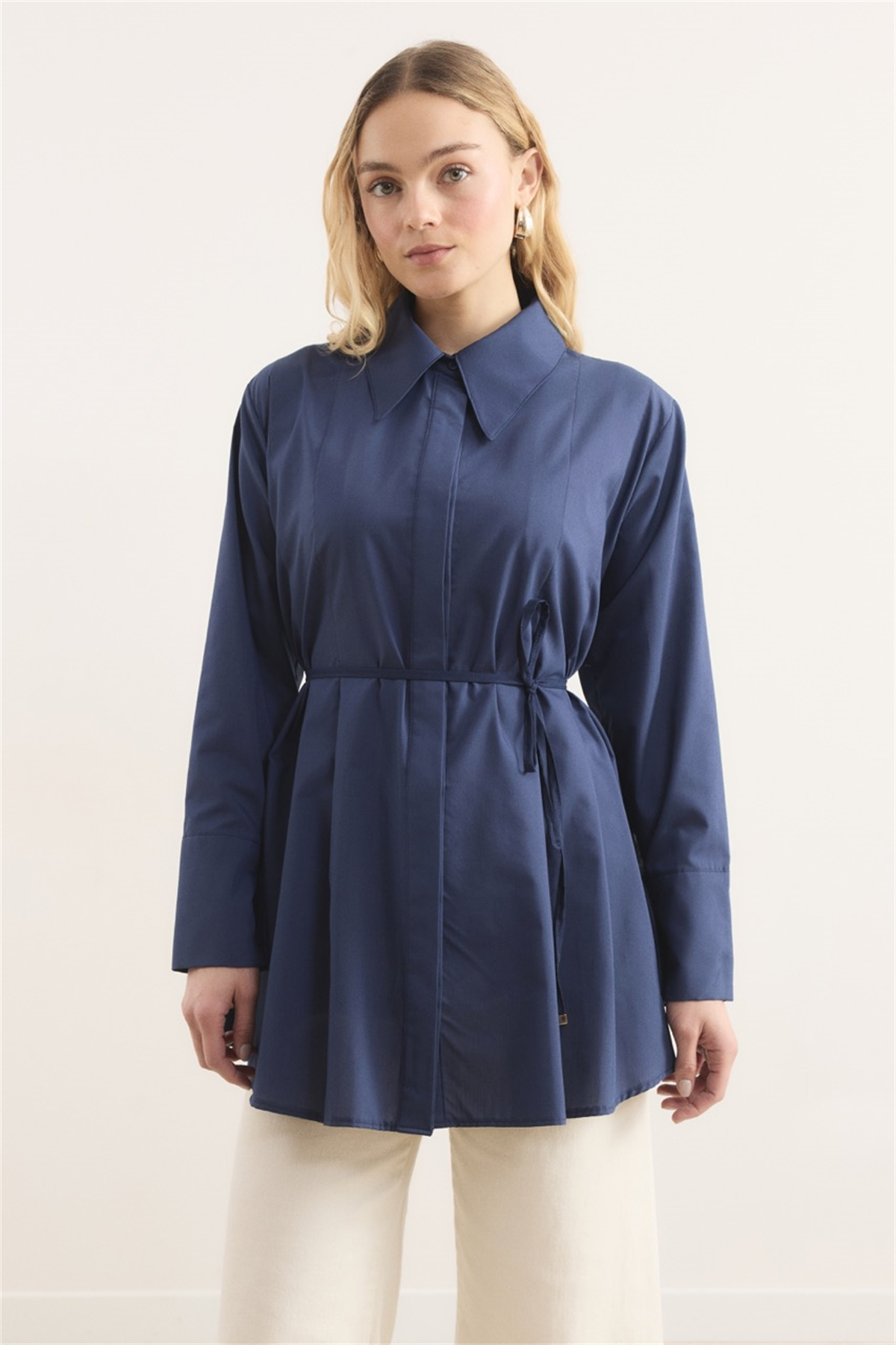 Önü Pileli Dacron Gömlek - Lacivert