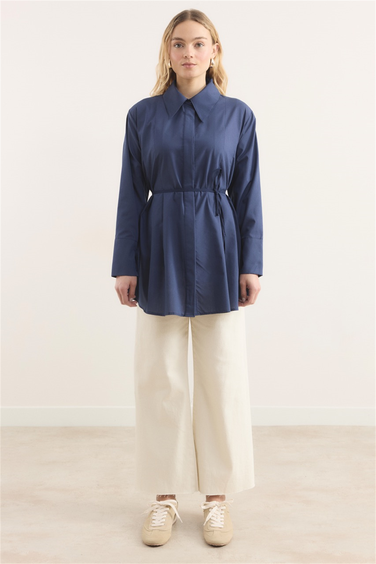 Önü Pileli Dacron Gömlek - Lacivert