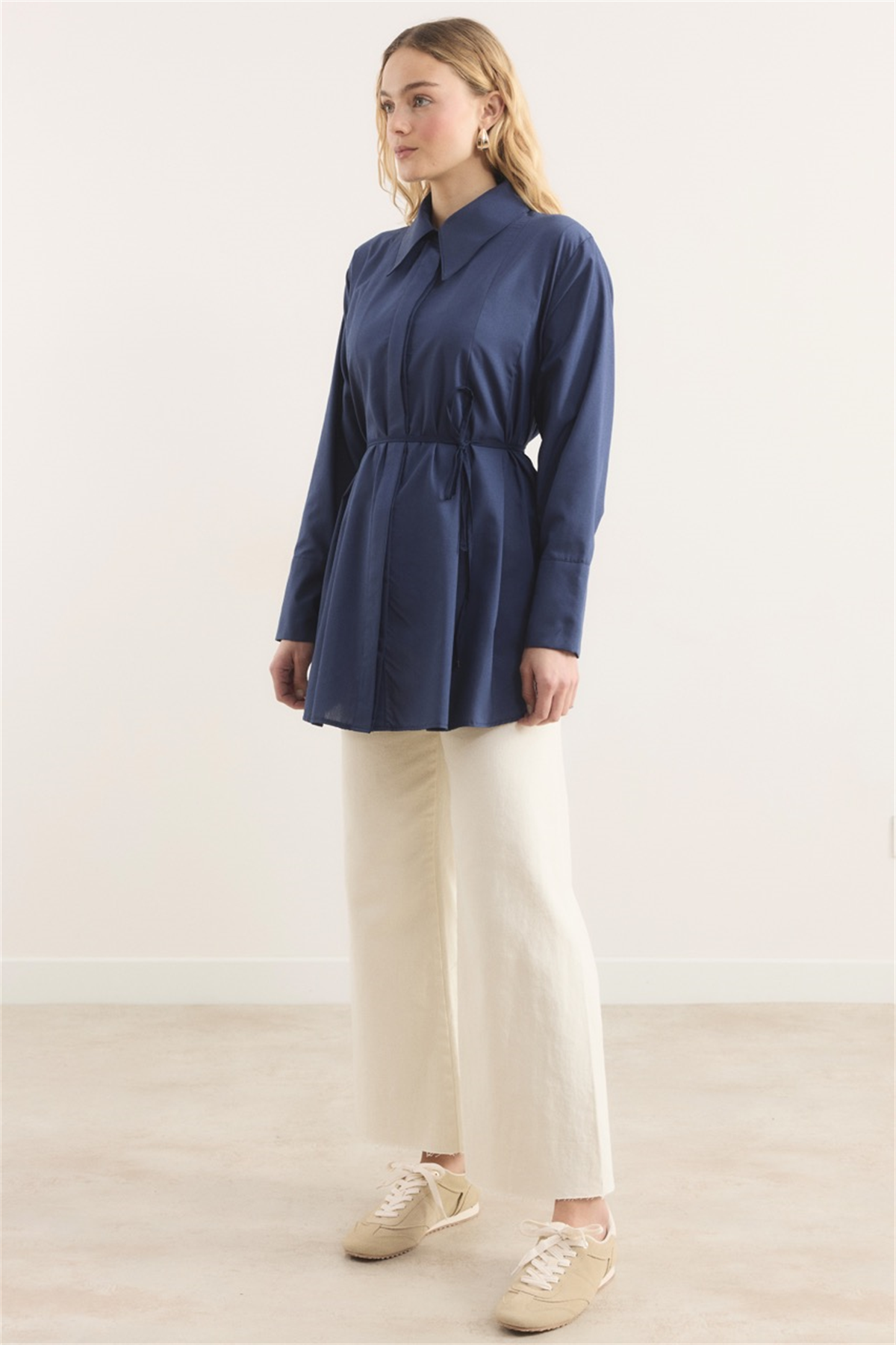 Önü Pileli Dacron Gömlek - Lacivert