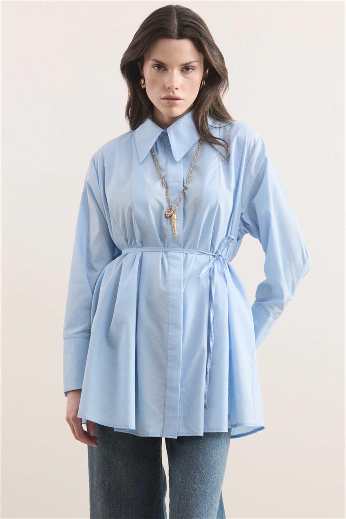 Önü Pileli Dacron Gömlek - Mavi