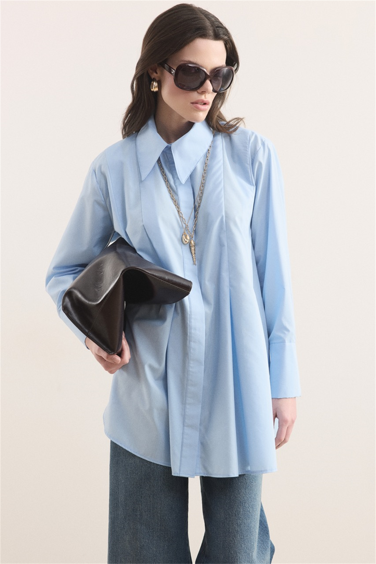 Önü Pileli Dacron Gömlek - Mavi