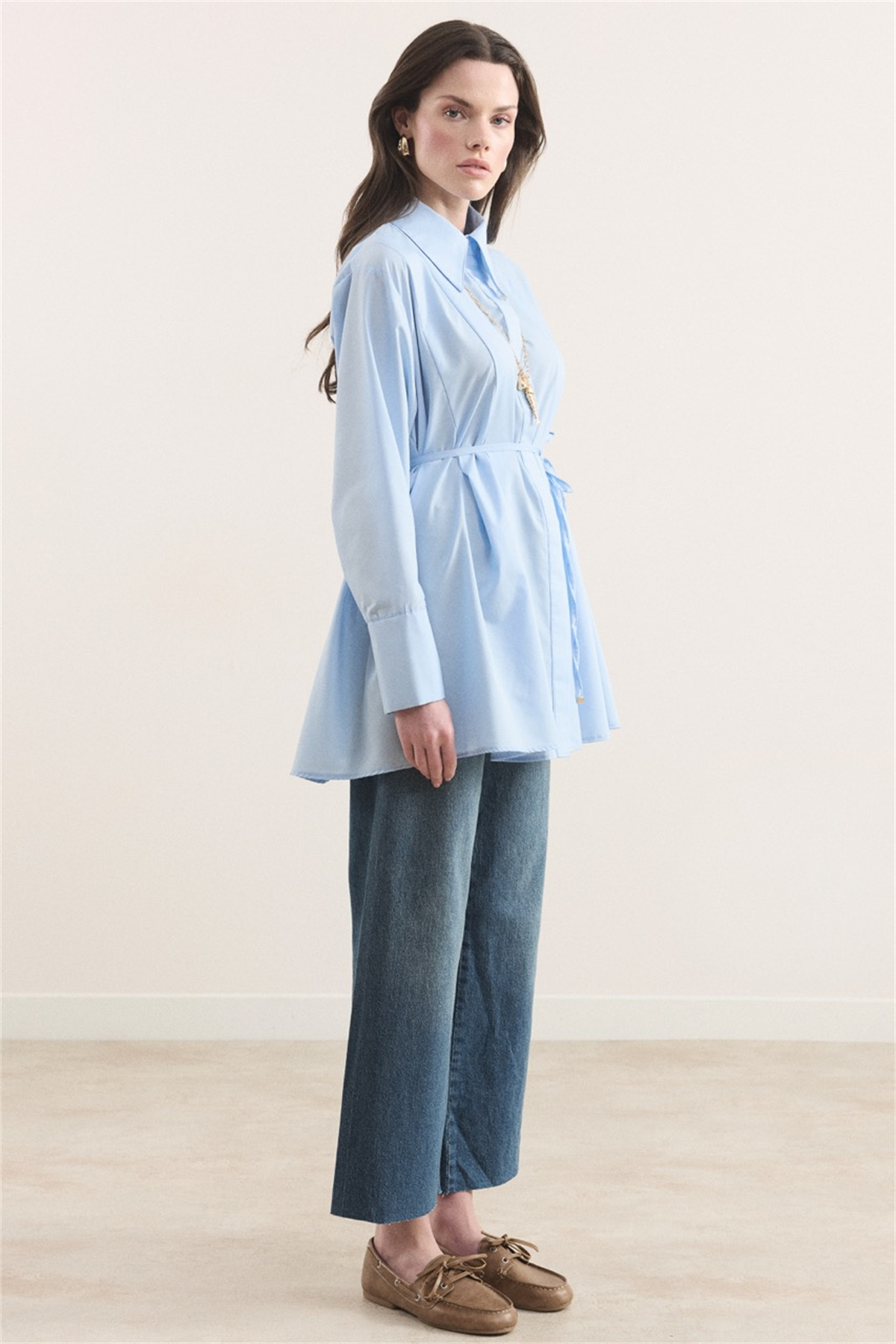 Önü Pileli Dacron Gömlek - Mavi