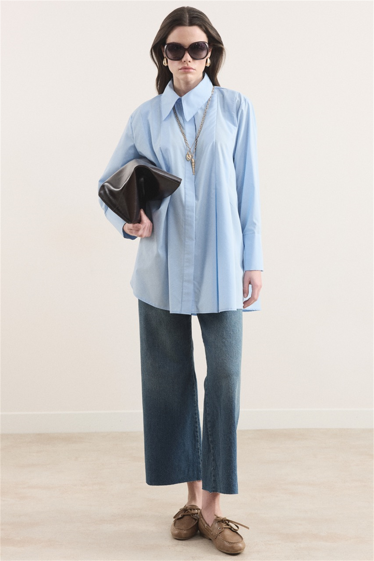 Önü Pileli Dacron Gömlek - Mavi