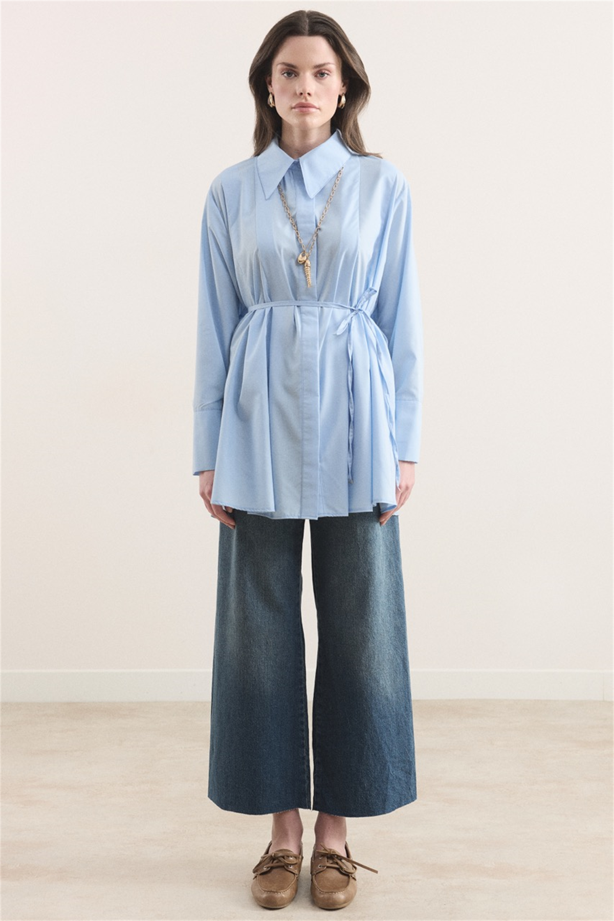 Önü Pileli Dacron Gömlek - Mavi