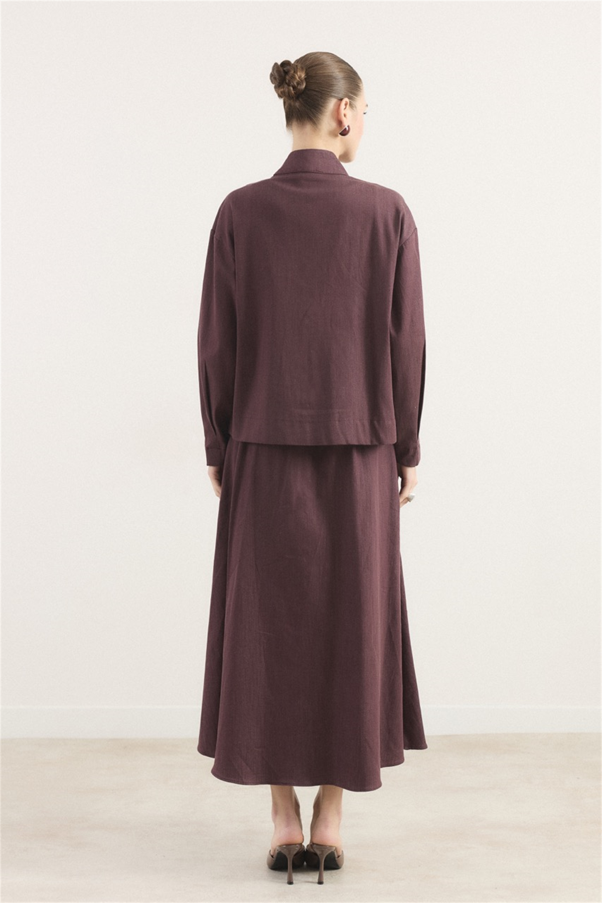 Önü Pileli Kot Takım - Bordo