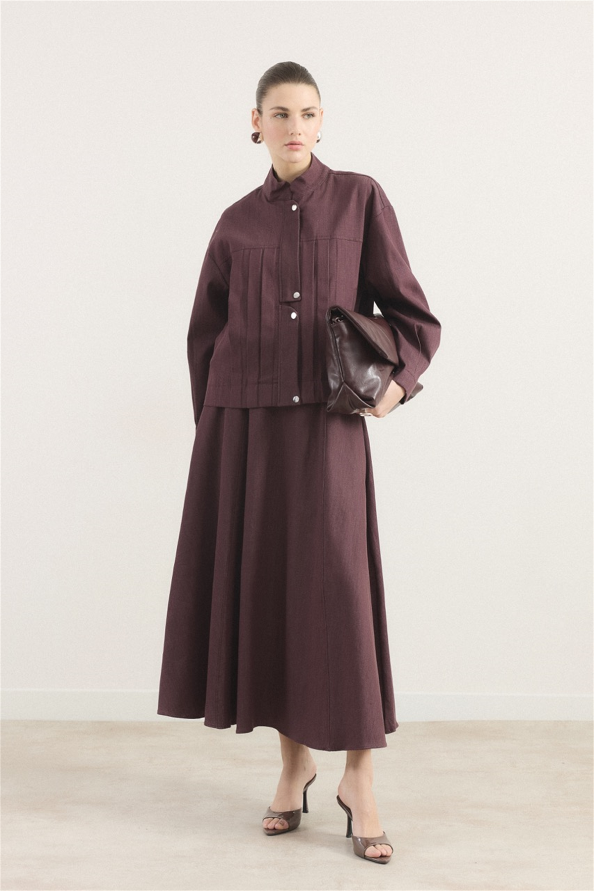 Önü Pileli Kot Takım - Bordo