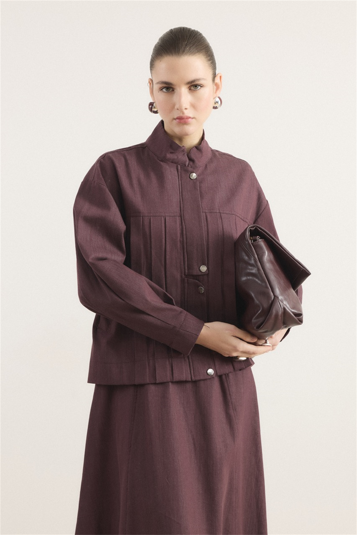 Önü Pileli Kot Takım - Bordo