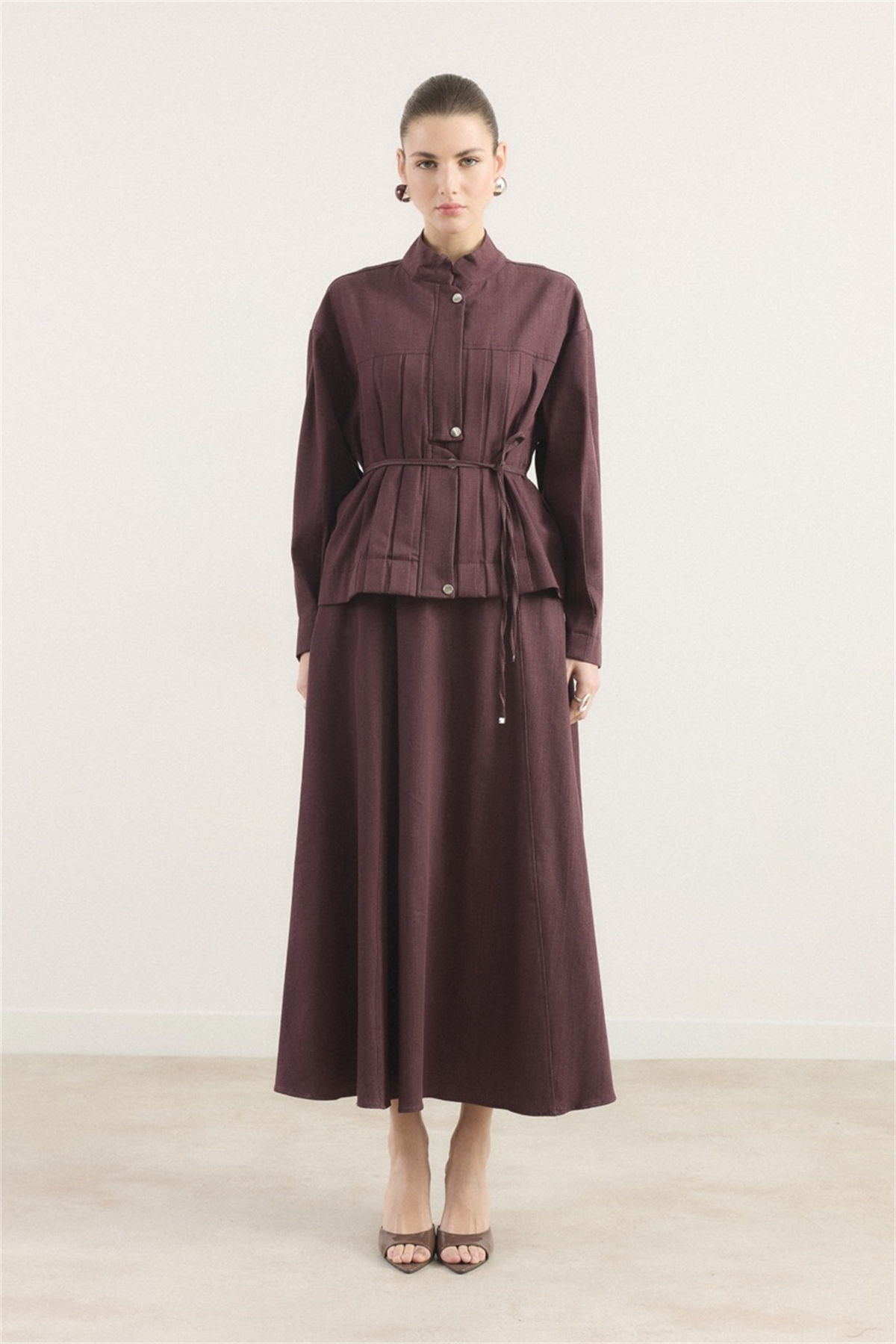 Önü Pileli Kot Takım - Bordo