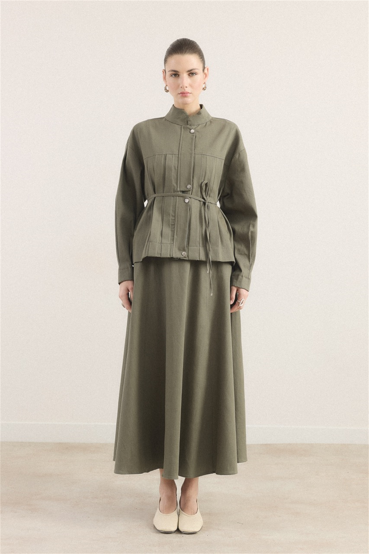 Önü Pileli Kot Takım - Haki