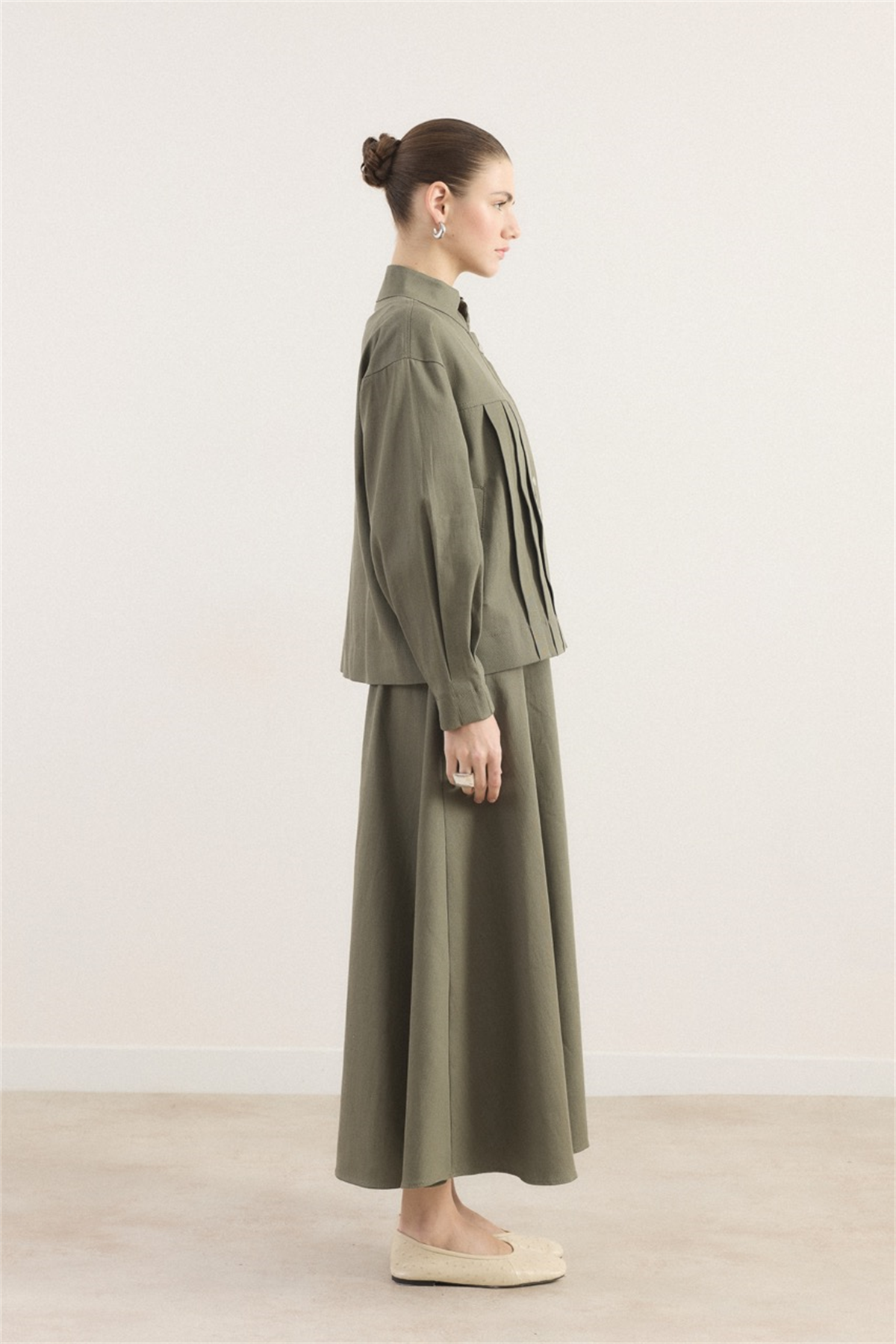 Önü Pileli Kot Takım - Haki