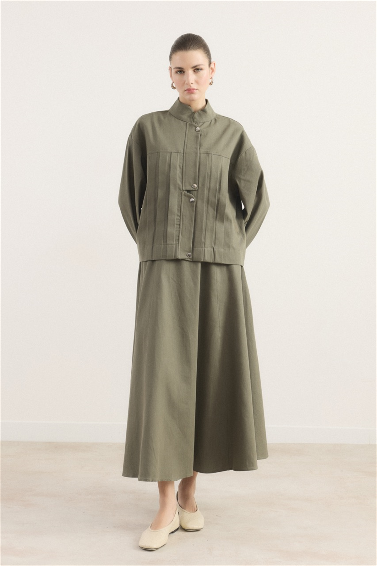 Önü Pileli Kot Takım - Haki