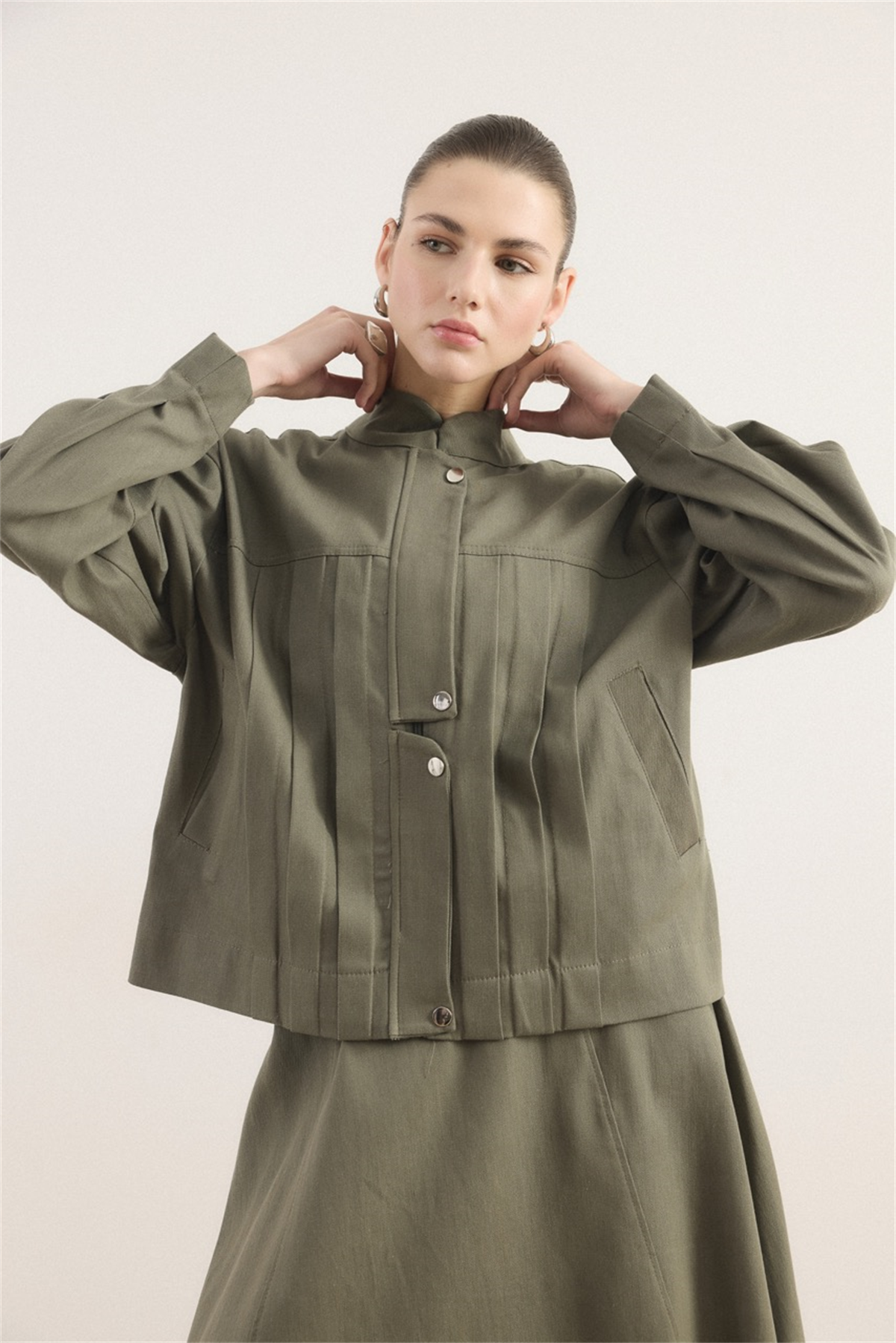 Önü Pileli Kot Takım - Haki