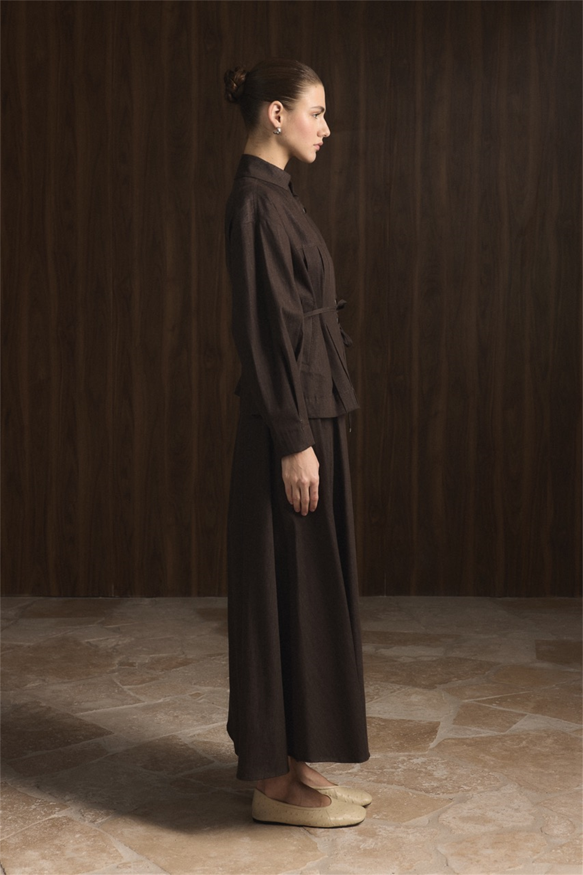 Önü Pileli Kot Takım - Kahve