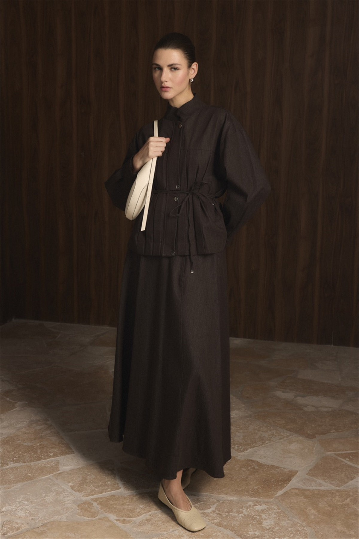 Önü Pileli Kot Takım - Kahve