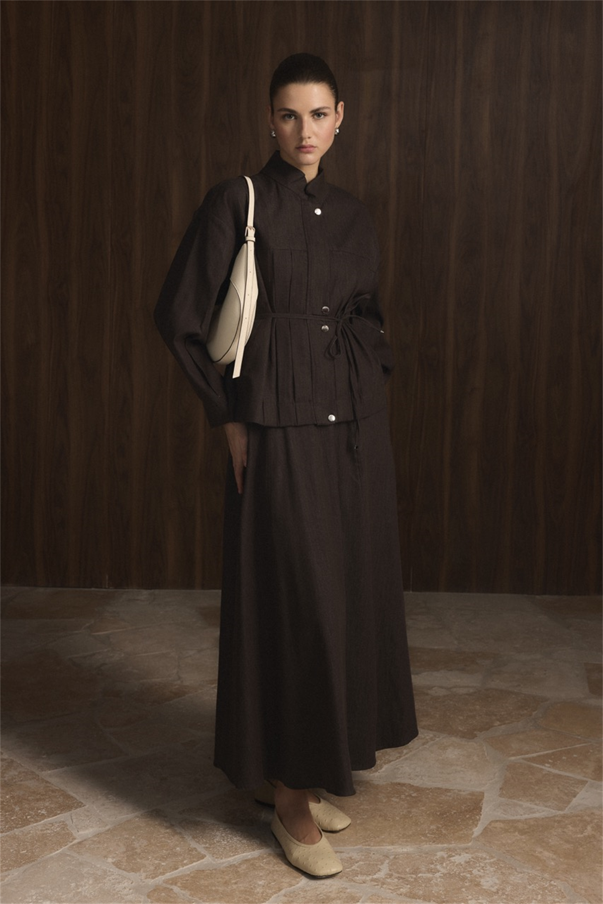 Önü Pileli Kot Takım - Kahve