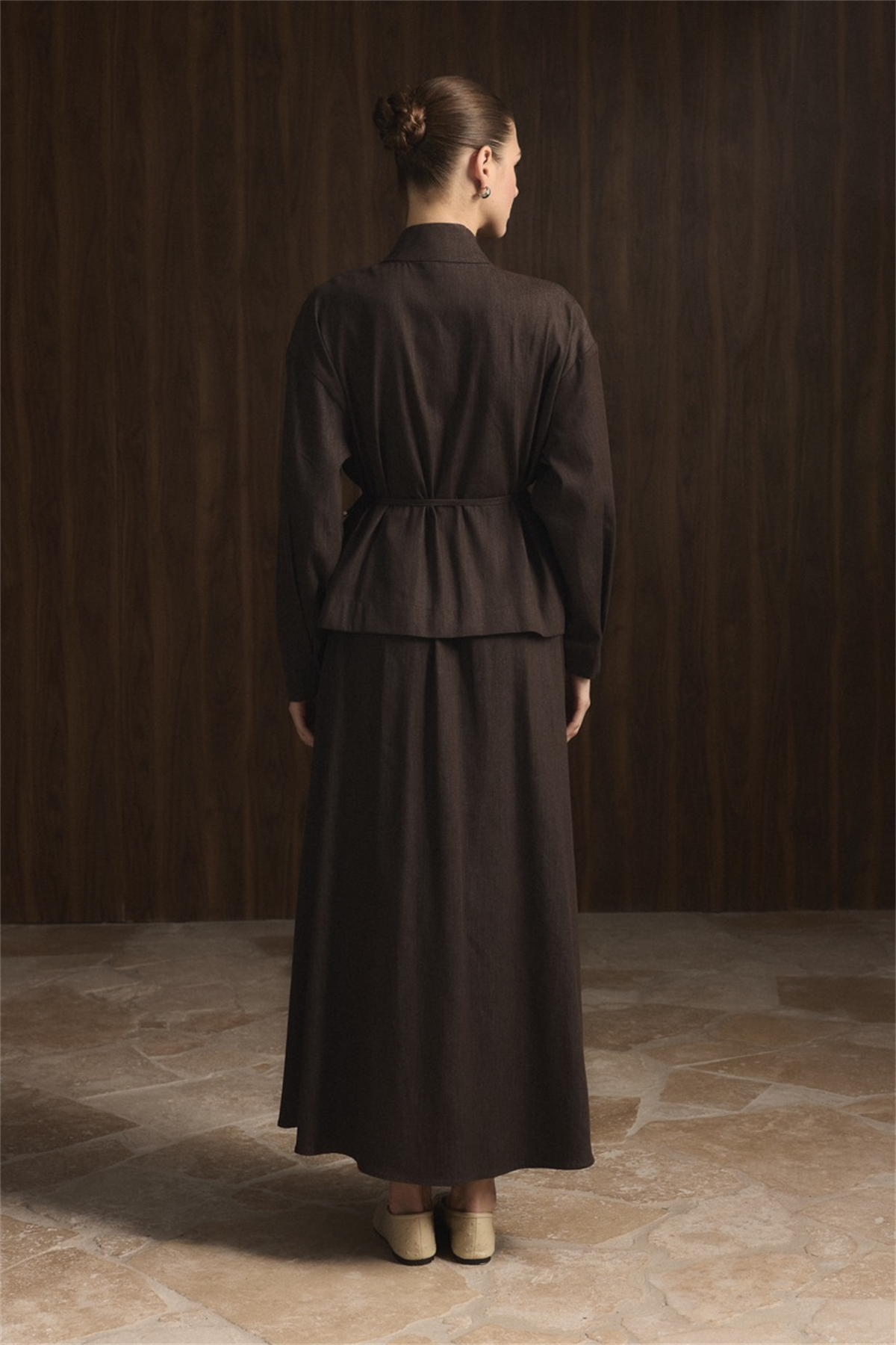 Önü Pileli Kot Takım - Kahve