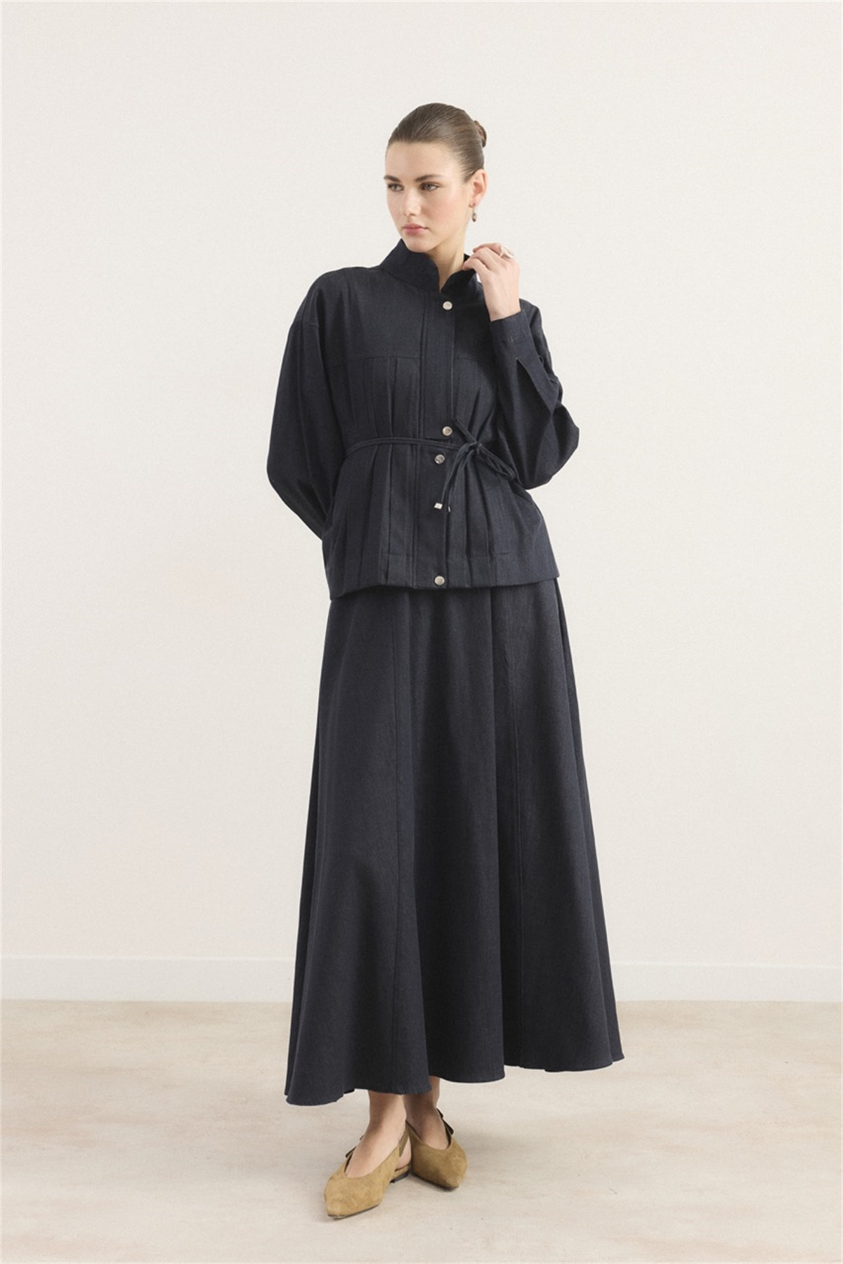 Önü Pileli Kot Takım - Lacivert