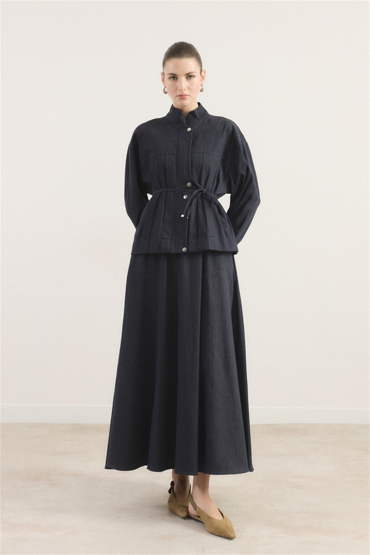 Önü Pileli Kot Takım - Lacivert