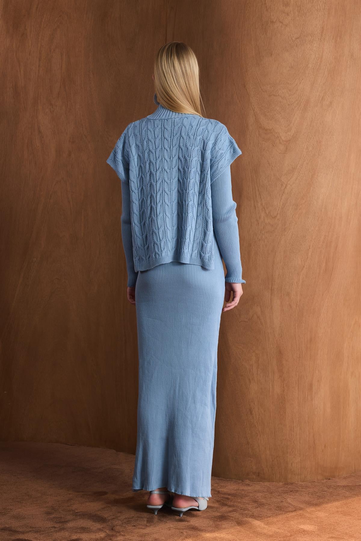 Örgü Kazaklı Triko Elbise - bebe mavisi