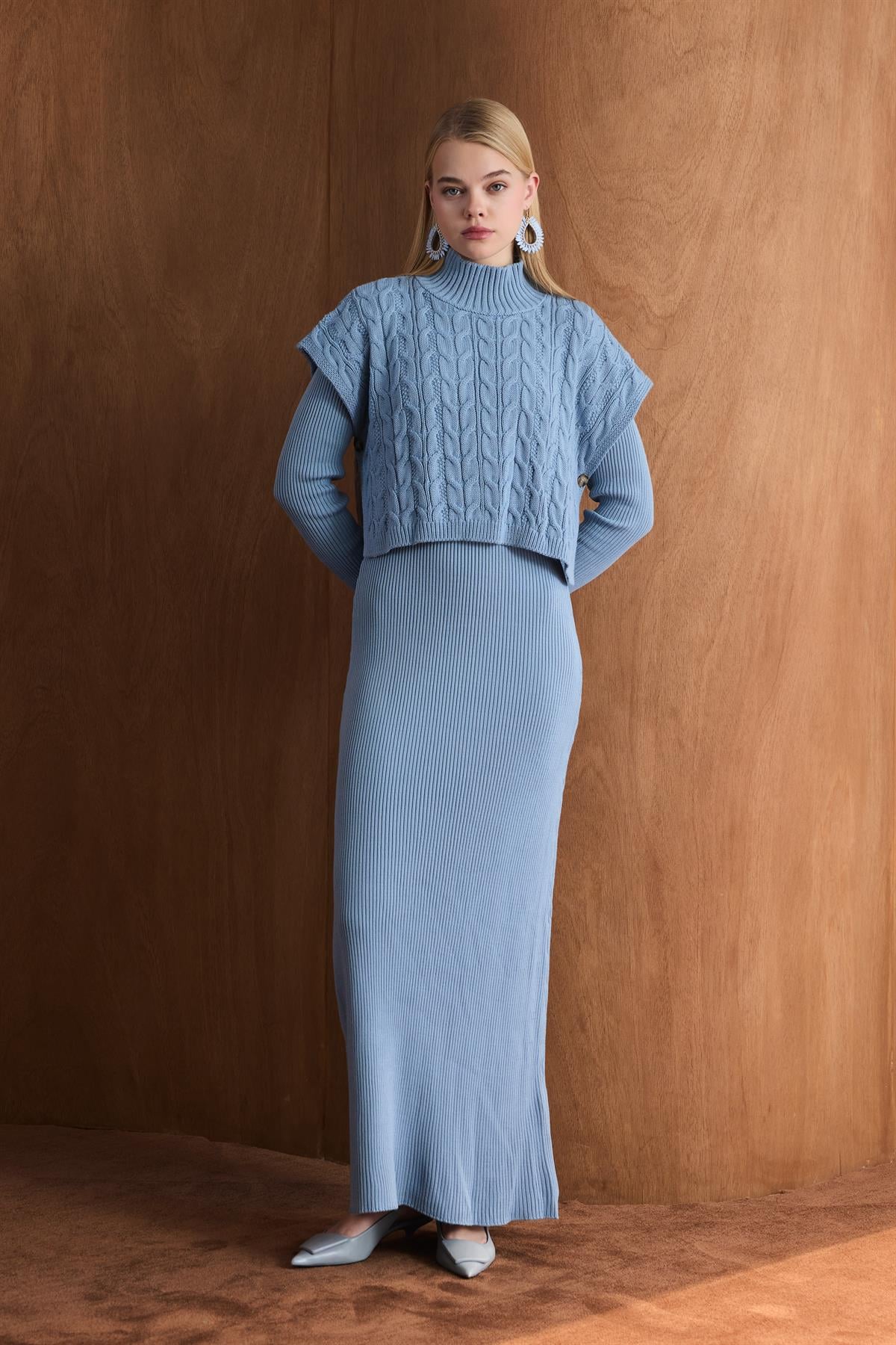 Örgü Kazaklı Triko Elbise - bebe mavisi