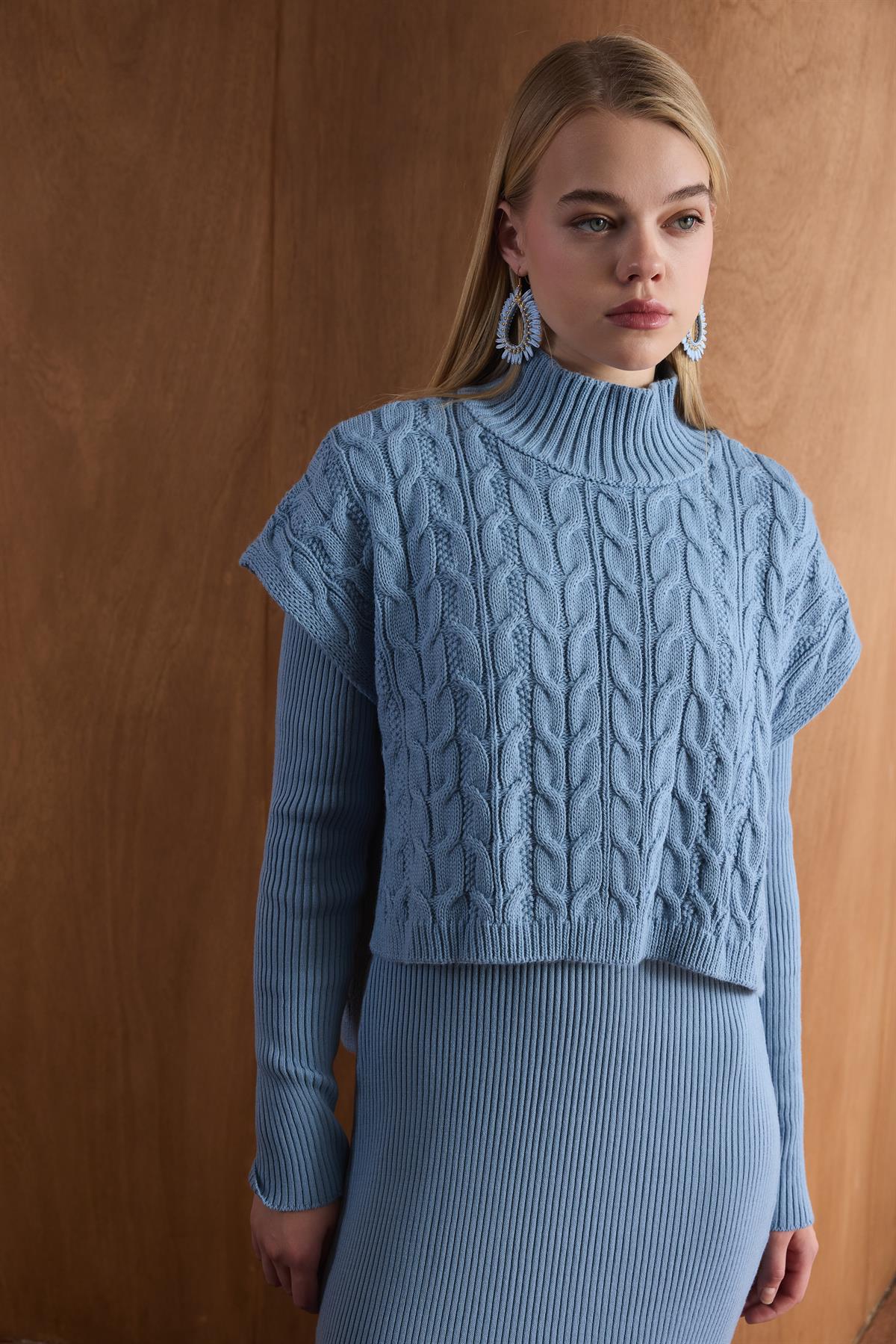 Örgü Kazaklı Triko Elbise - bebe mavisi