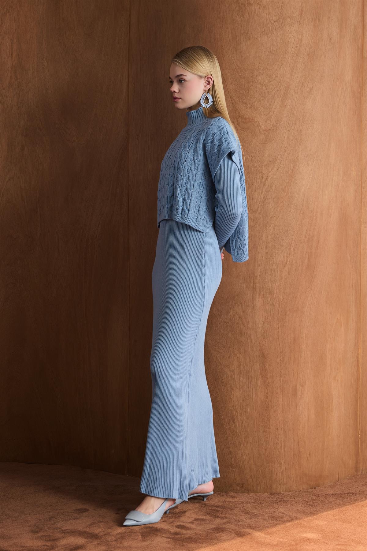 Örgü Kazaklı Triko Elbise - bebe mavisi