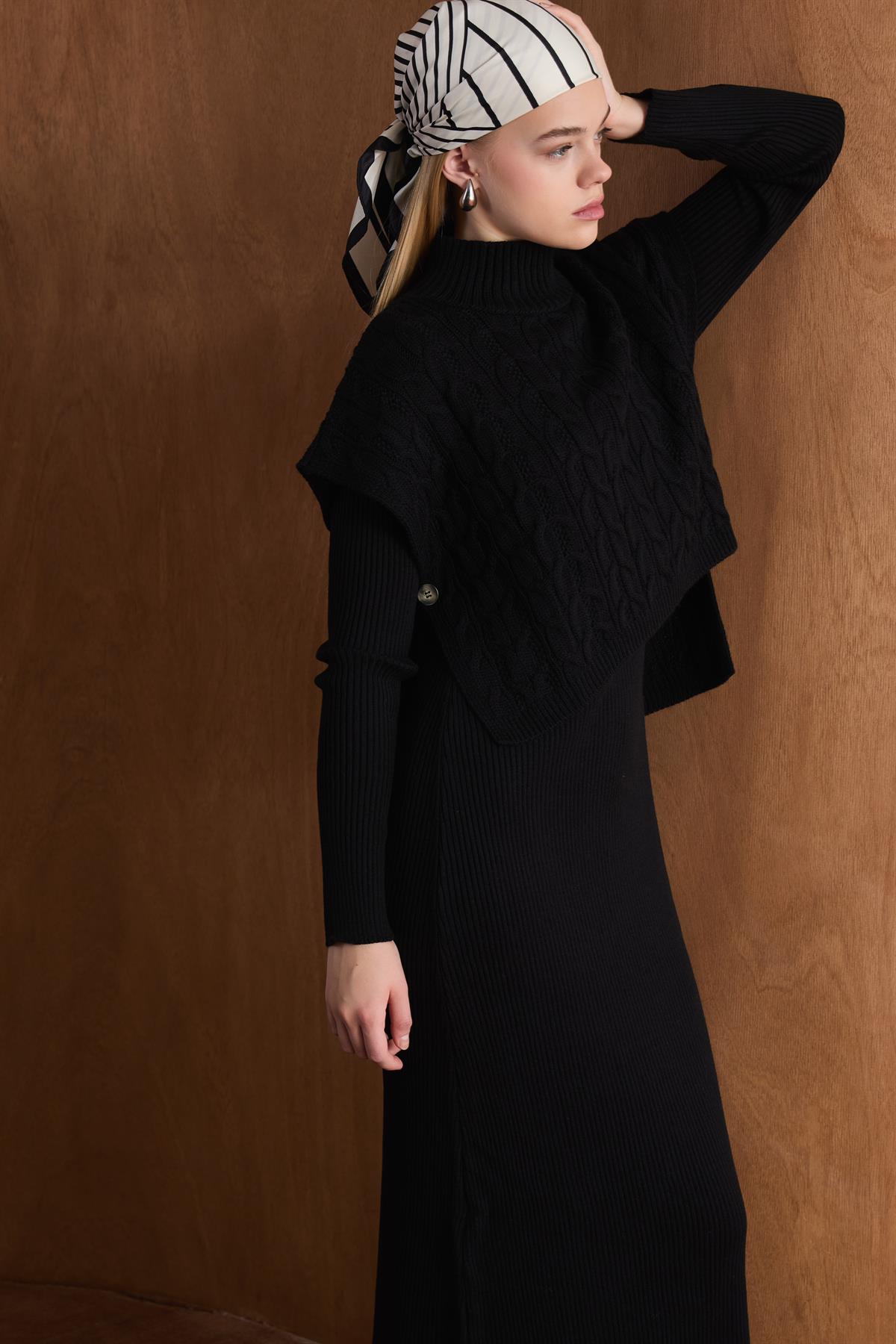 Örgü Kazaklı Triko Elbise - Siyah