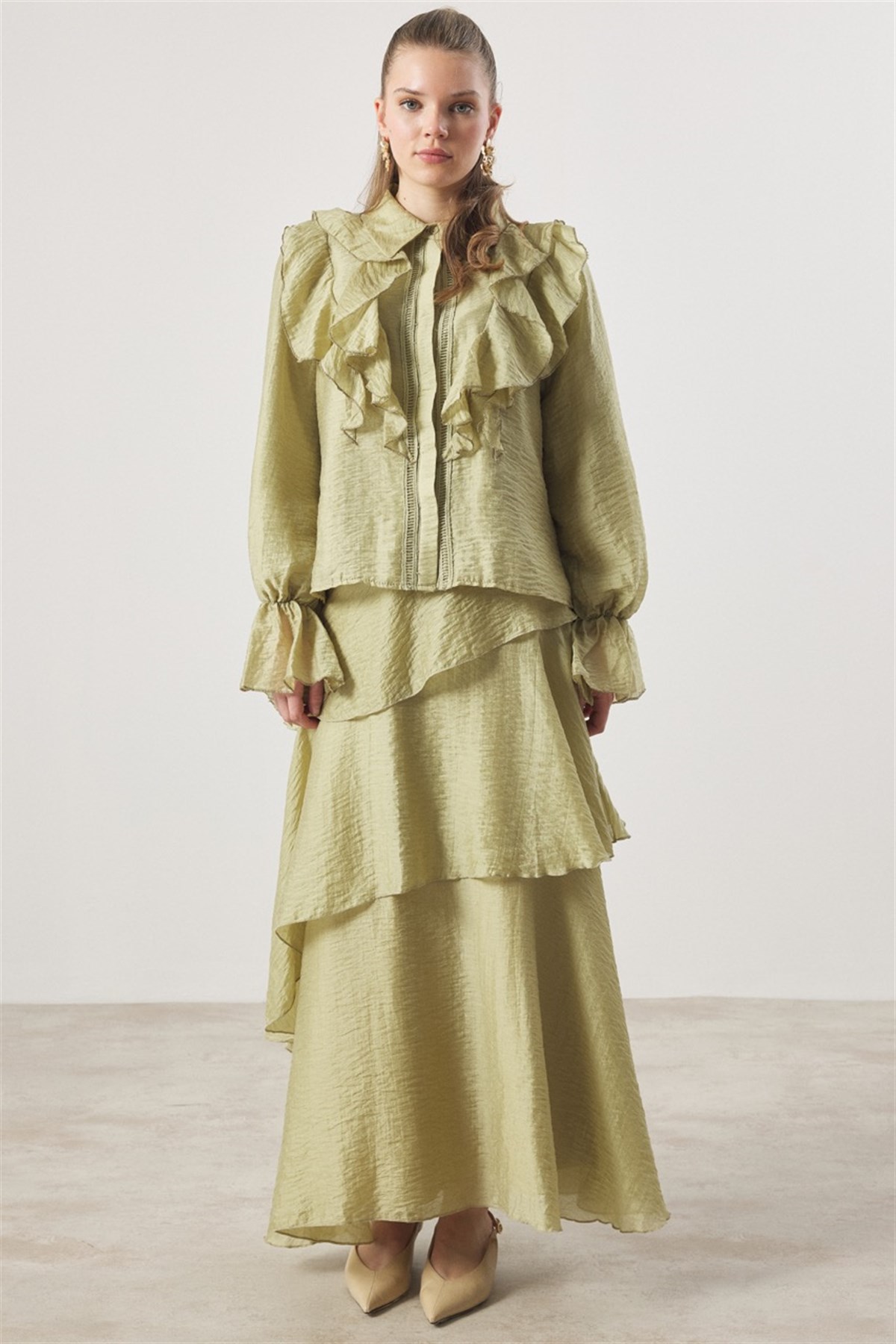 Parla Kat Kat Volanlı Gömlekli Takım - Çağla