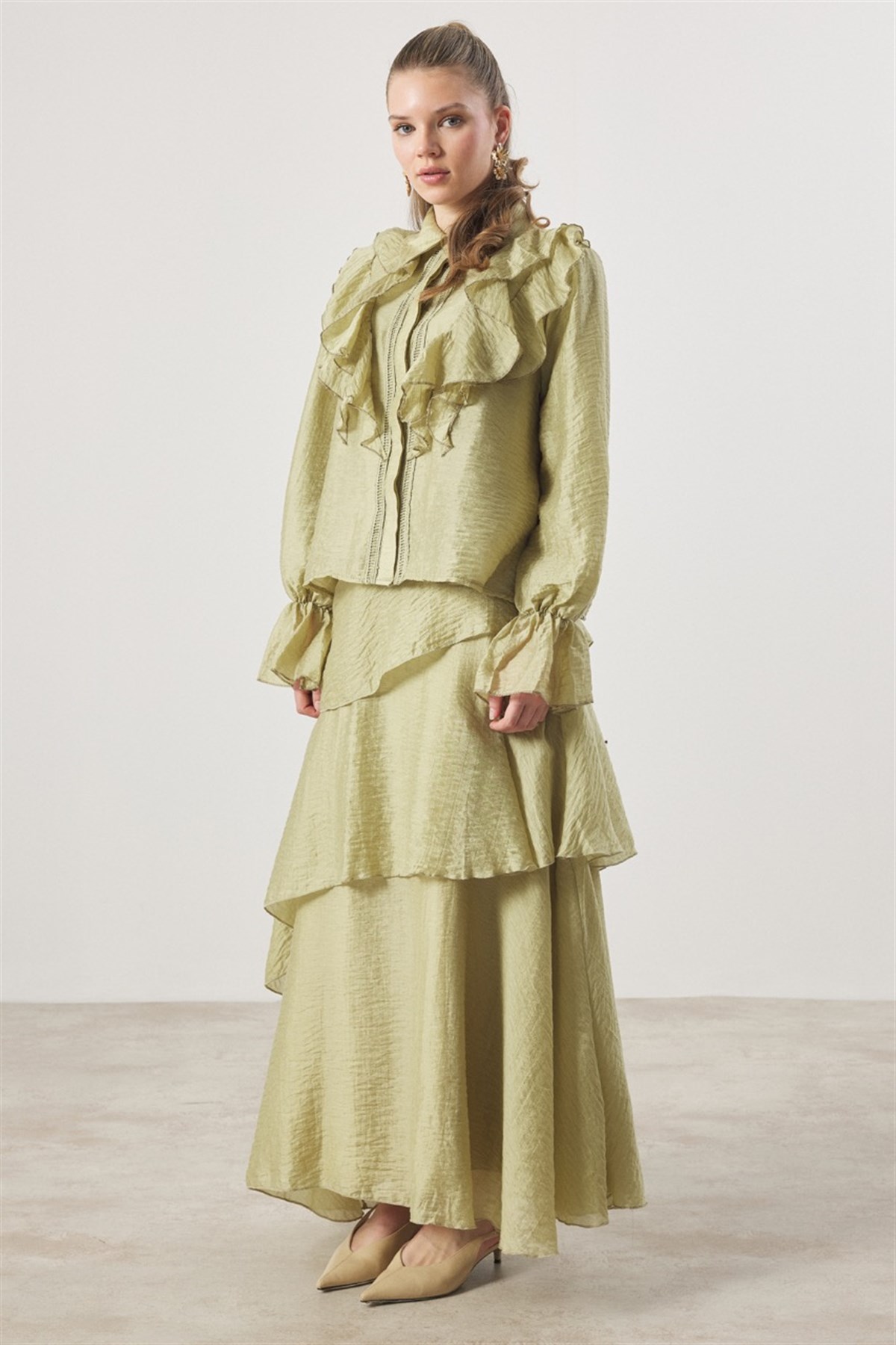 Parla Kat Kat Volanlı Gömlekli Takım - Çağla