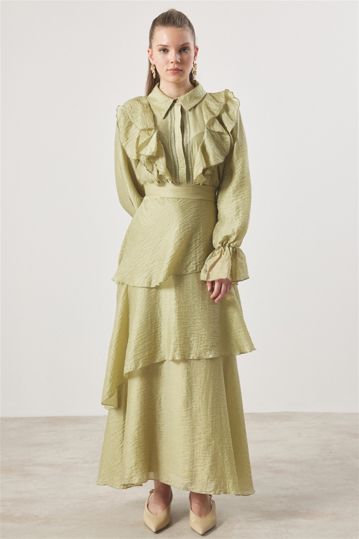 Parla Kat Kat Volanlı Gömlekli Takım - Çağla