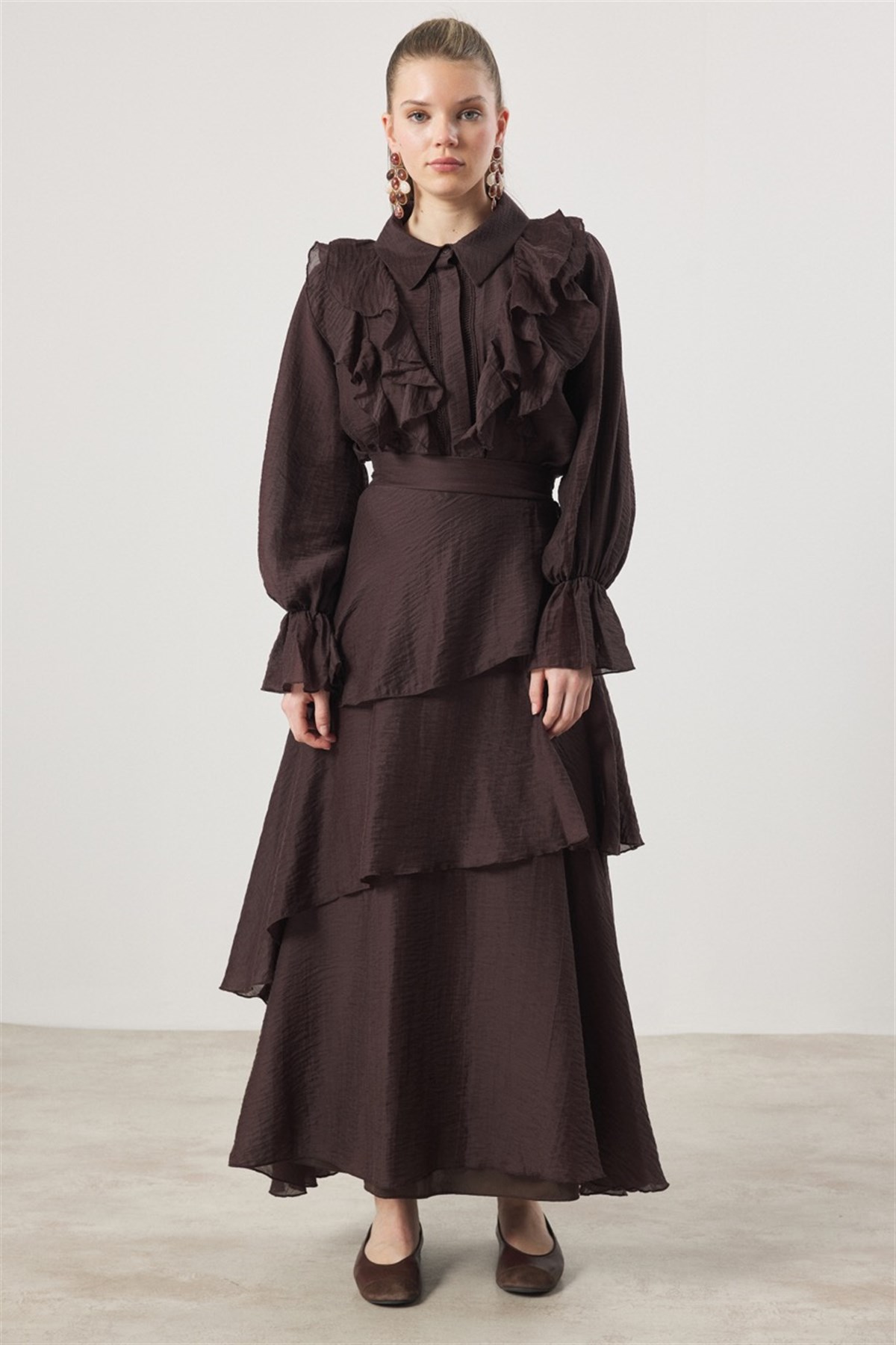 Parla Kat Kat Volanlı Gömlekli Takım - Kahverengi