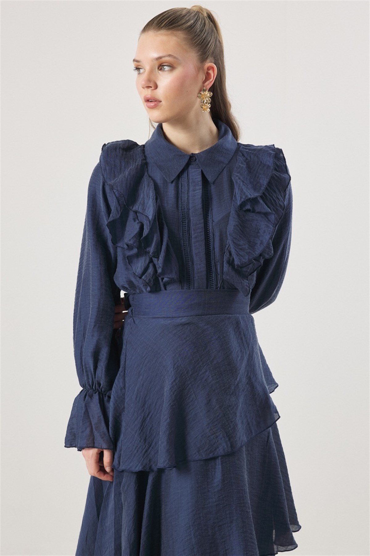 Parla Kat Kat Volanlı Gömlekli Takım - Lacivert