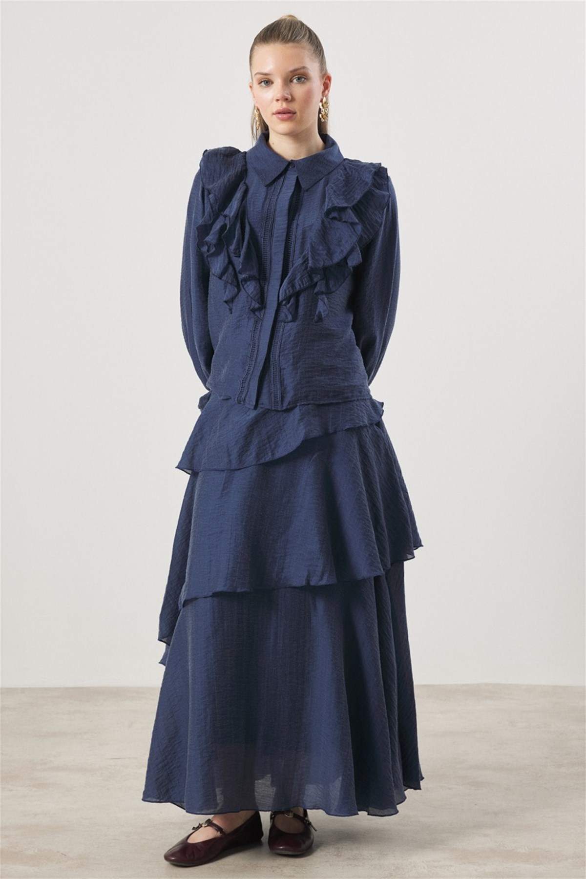 Parla Kat Kat Volanlı Gömlekli Takım - Lacivert