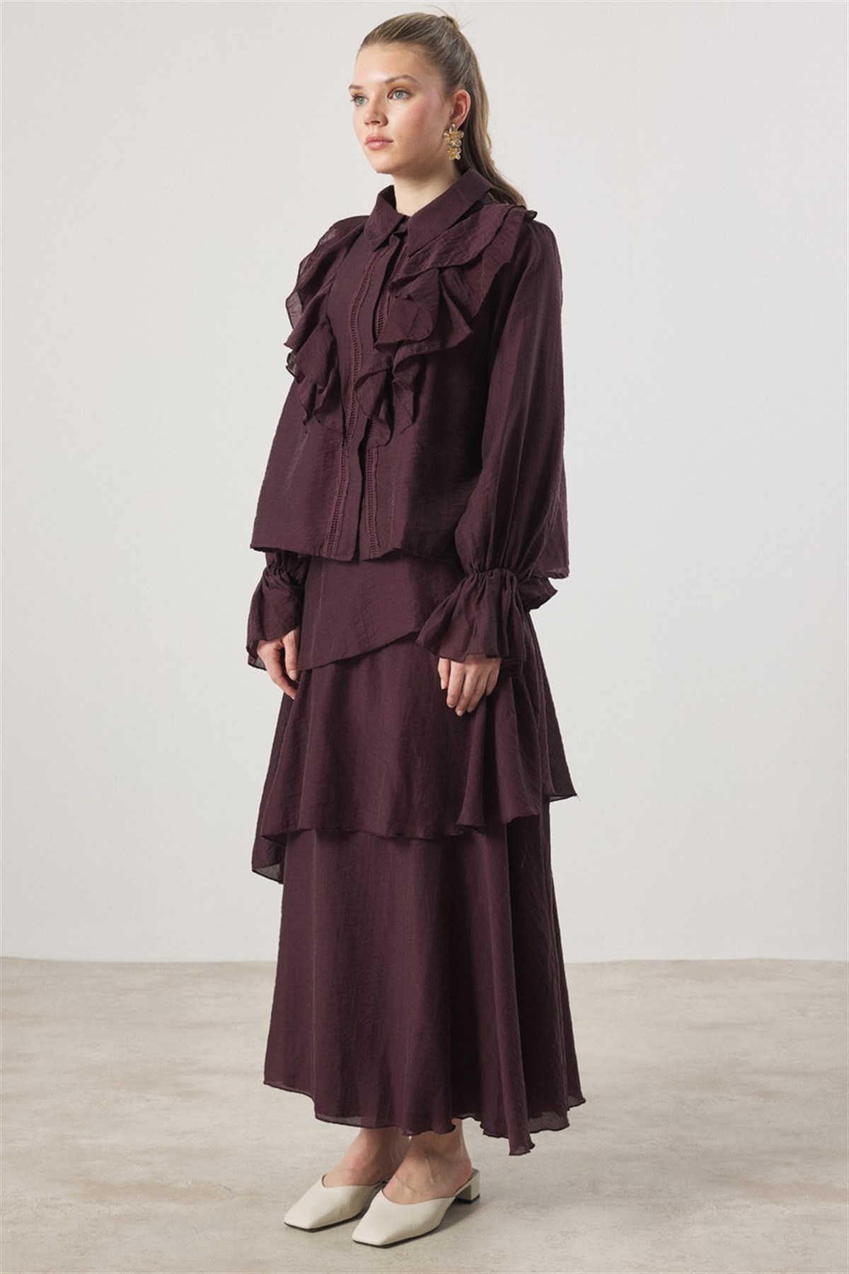 Parla Kat Kat Volanlı Gömlekli Takım - Mürdüm