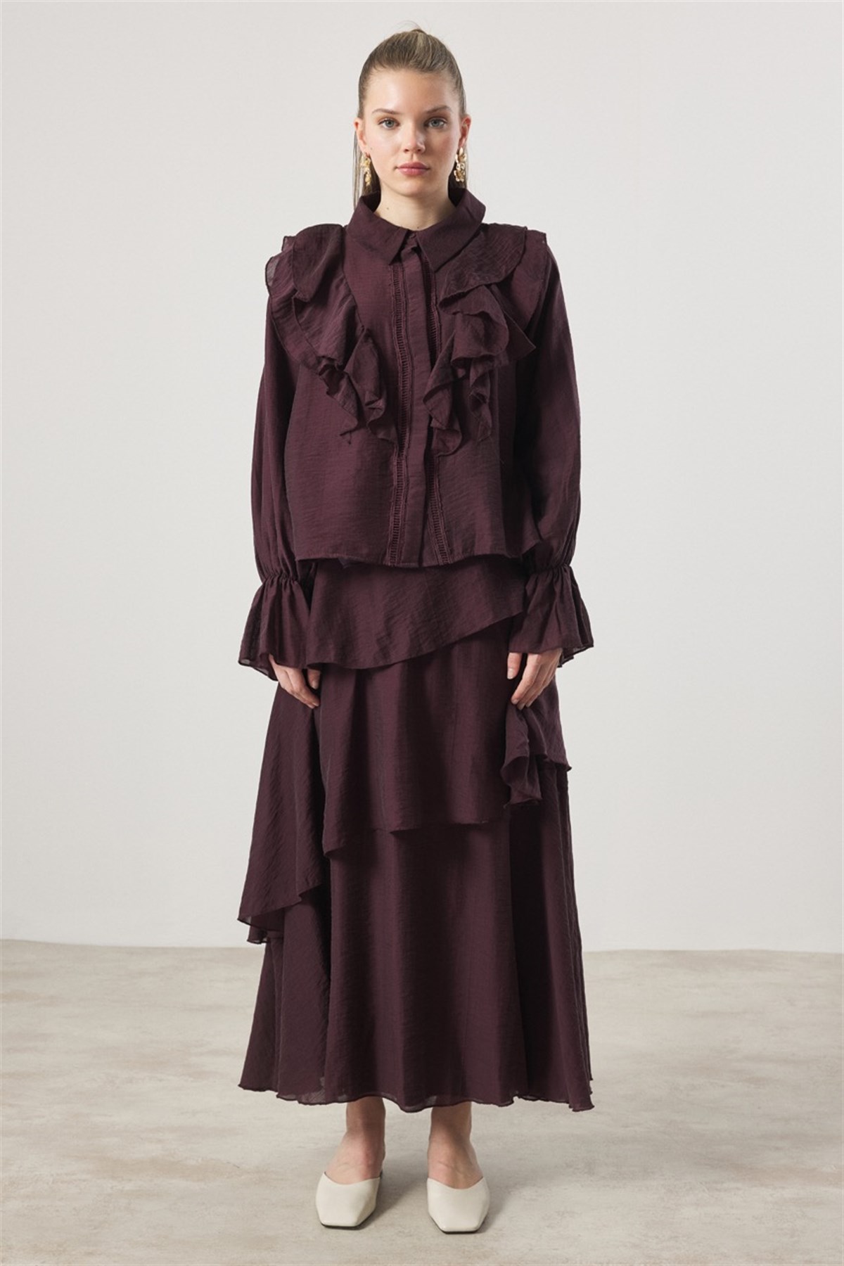 Parla Kat Kat Volanlı Gömlekli Takım - Mürdüm