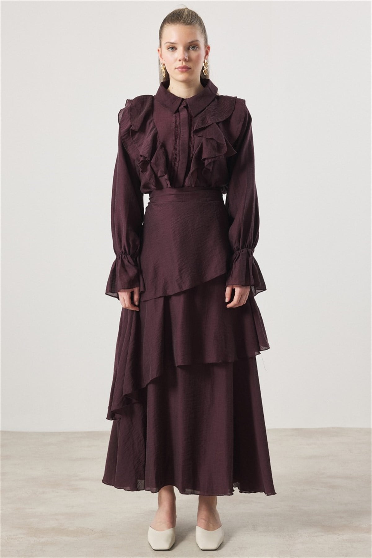 Parla Kat Kat Volanlı Gömlekli Takım - Mürdüm