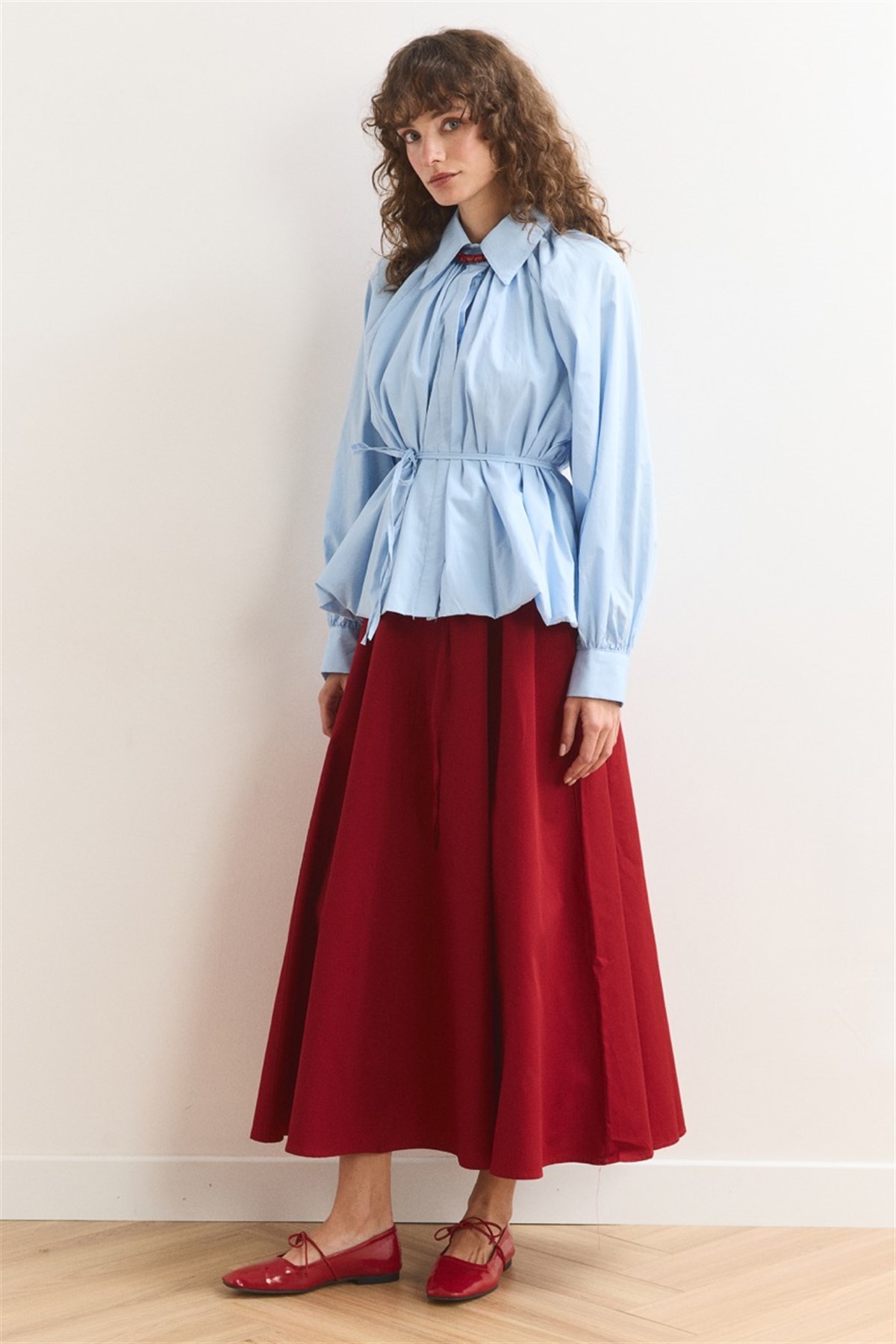 Pileli Balon Poplin Gömlek - bebe mavisi