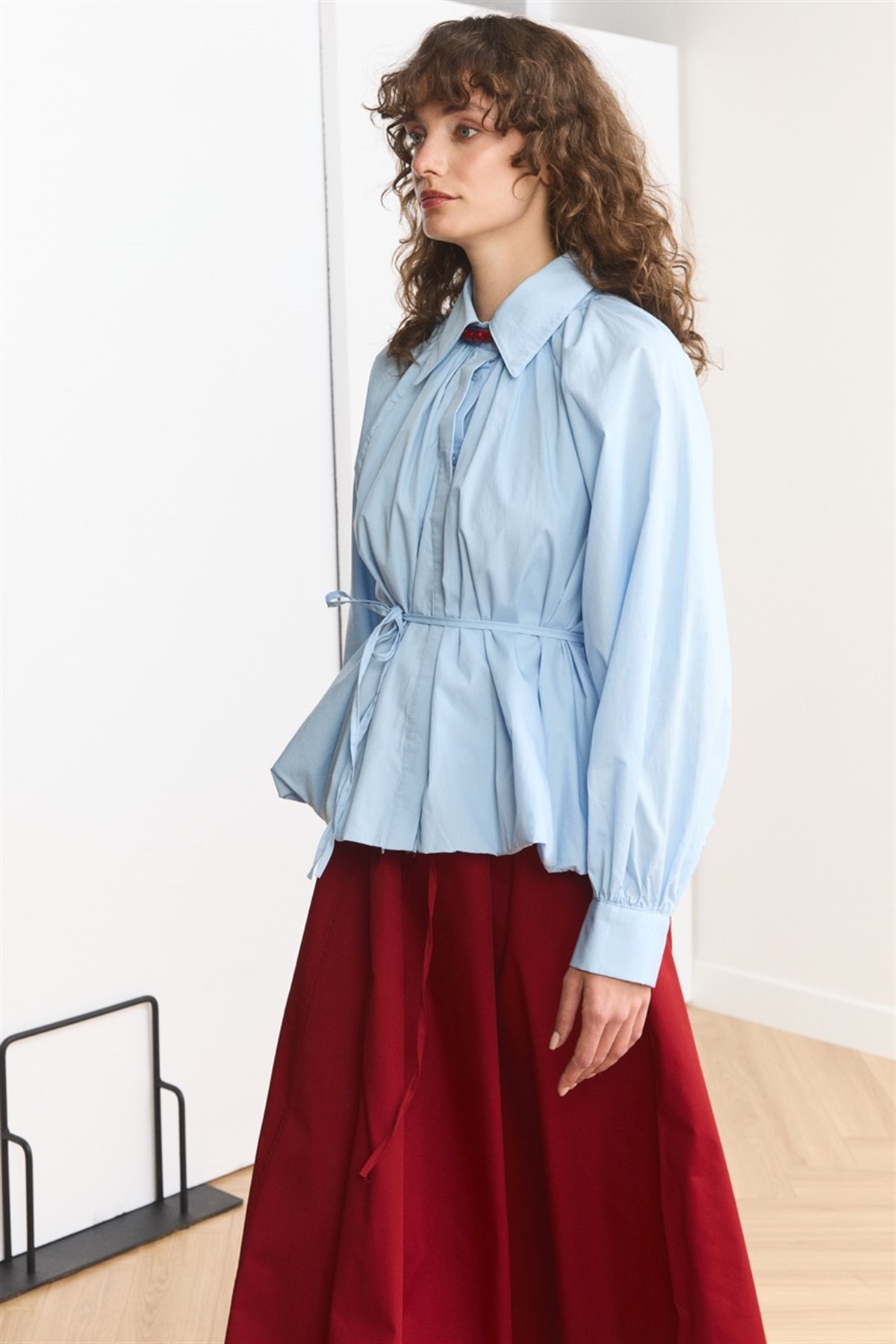 Pileli Balon Poplin Gömlek - bebe mavisi