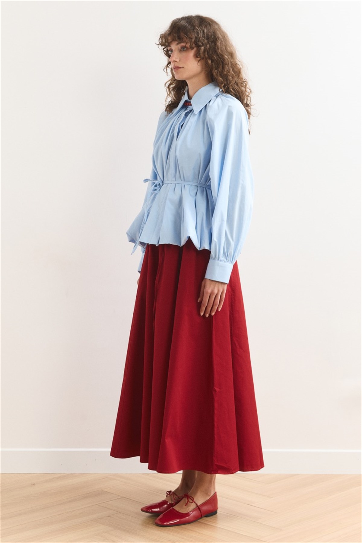 Pileli Balon Poplin Gömlek - bebe mavisi