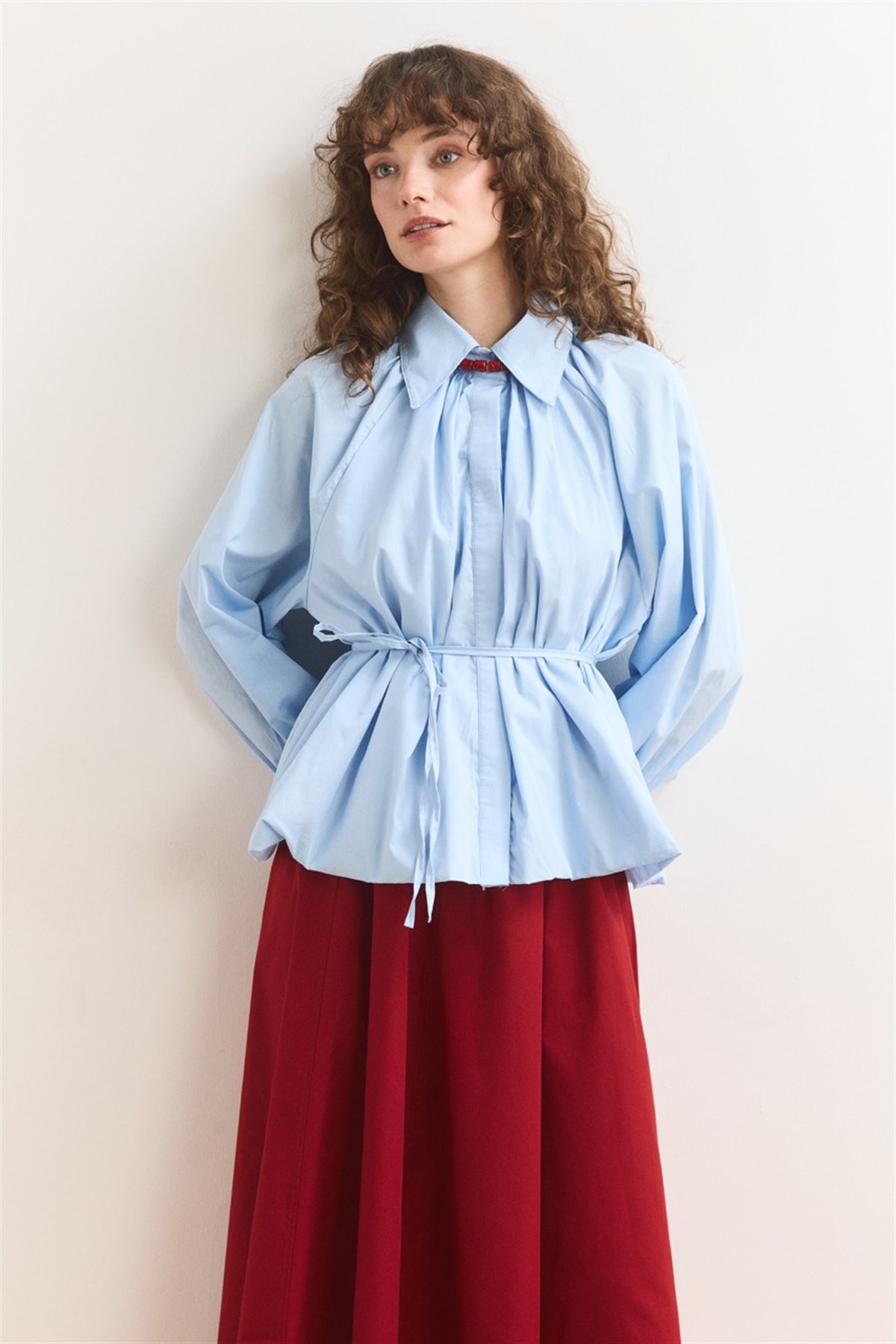 Pileli Balon Poplin Gömlek - bebe mavisi