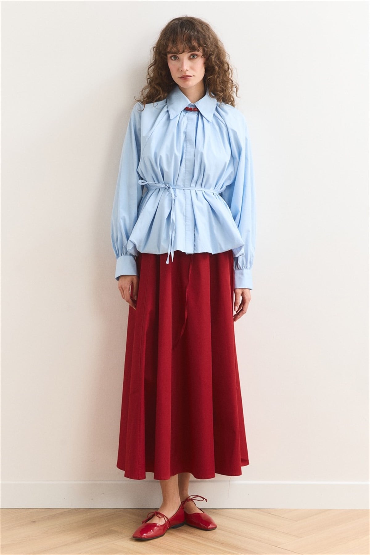 Pileli Balon Poplin Gömlek - bebe mavisi