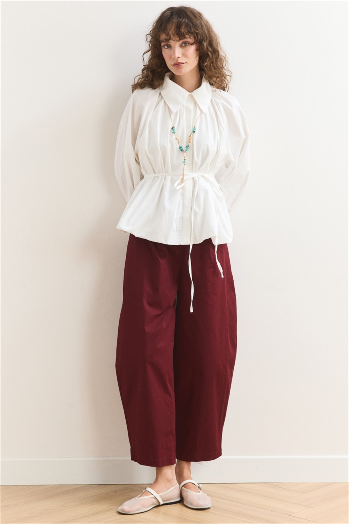 Pileli Balon Poplin Gömlek - Ekru