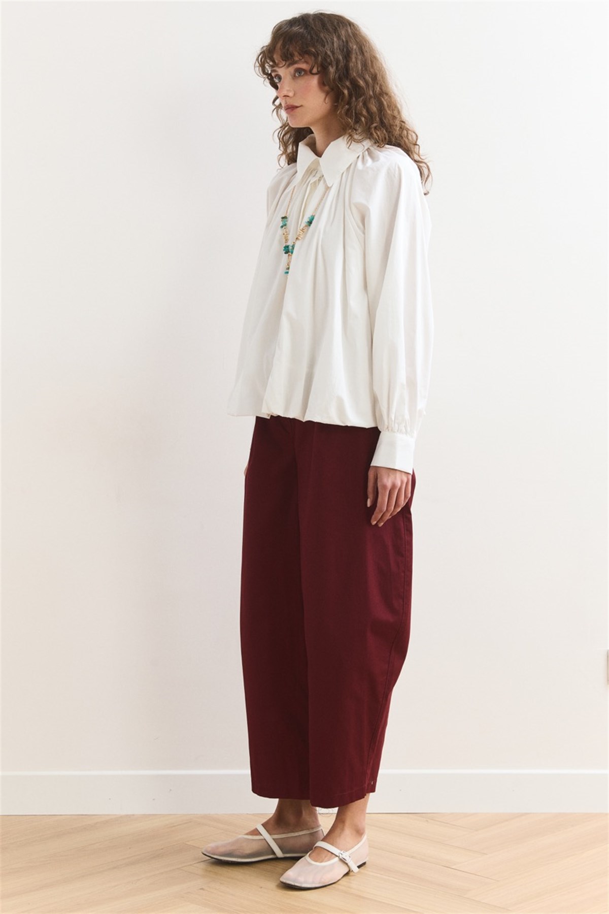 Pileli Balon Poplin Gömlek - Ekru