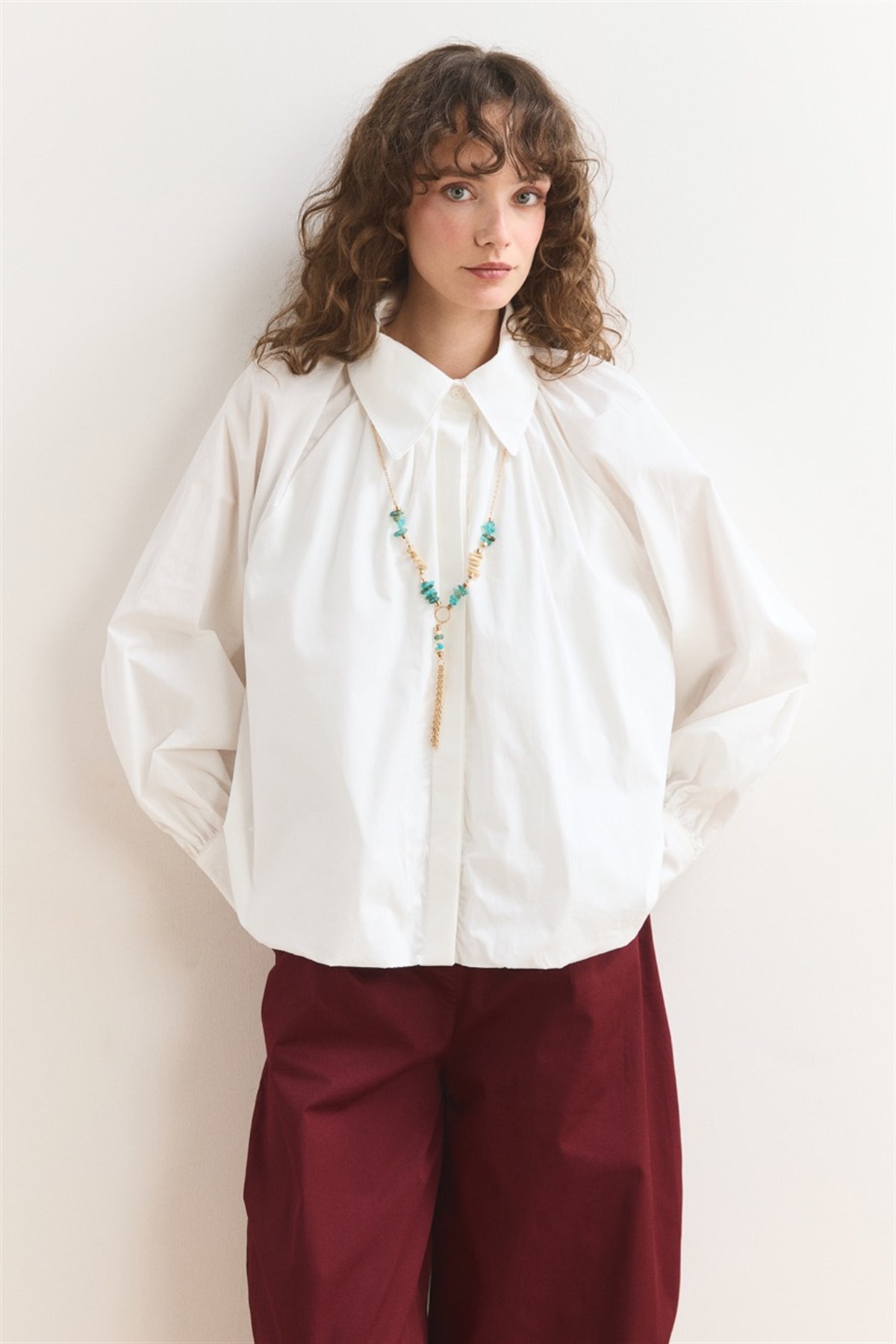 Pileli Balon Poplin Gömlek - Ekru