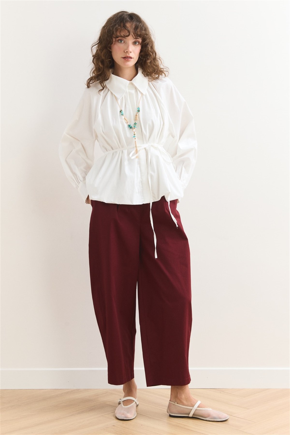 Pileli Balon Poplin Gömlek - Ekru