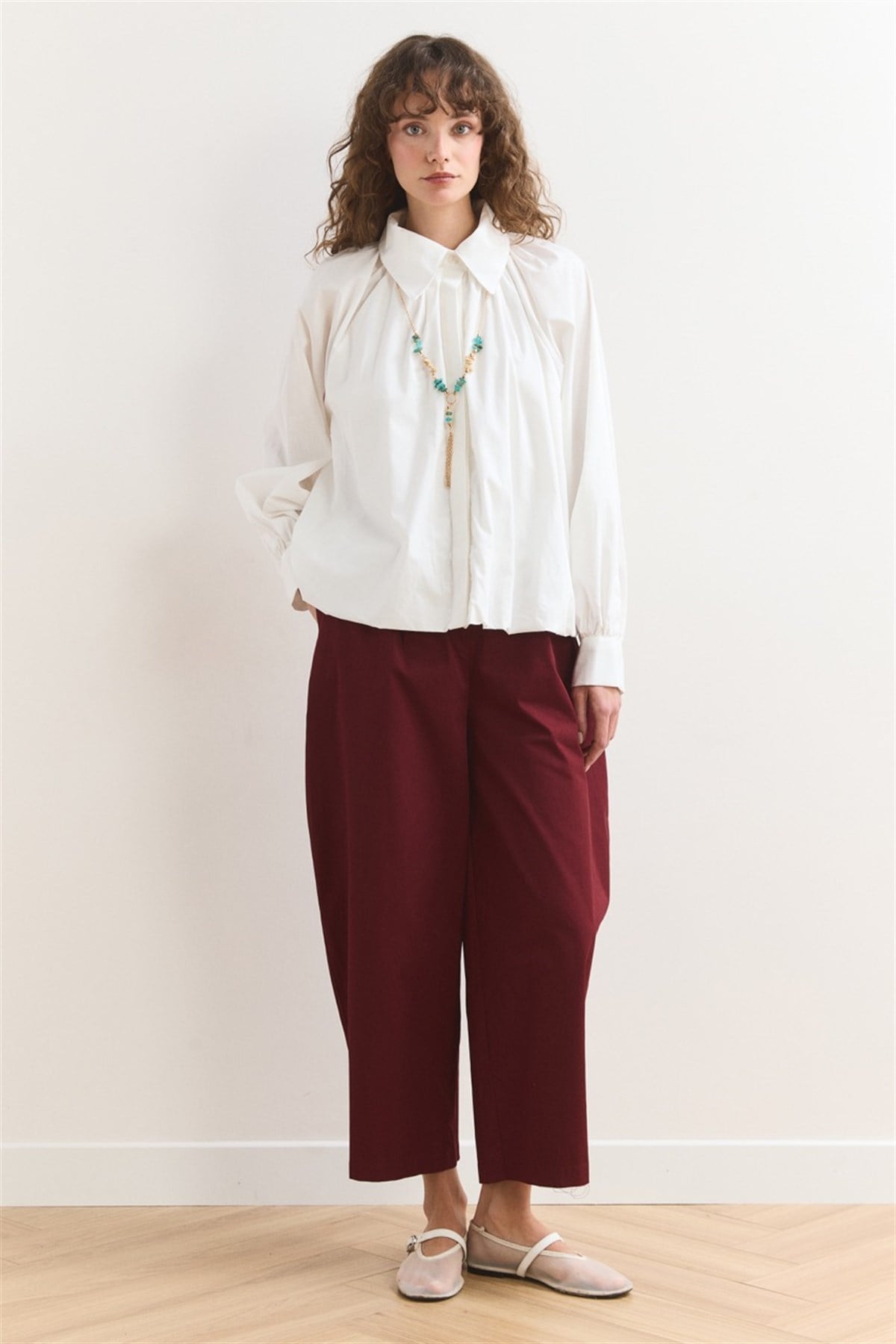 Pileli Balon Poplin Gömlek - Ekru