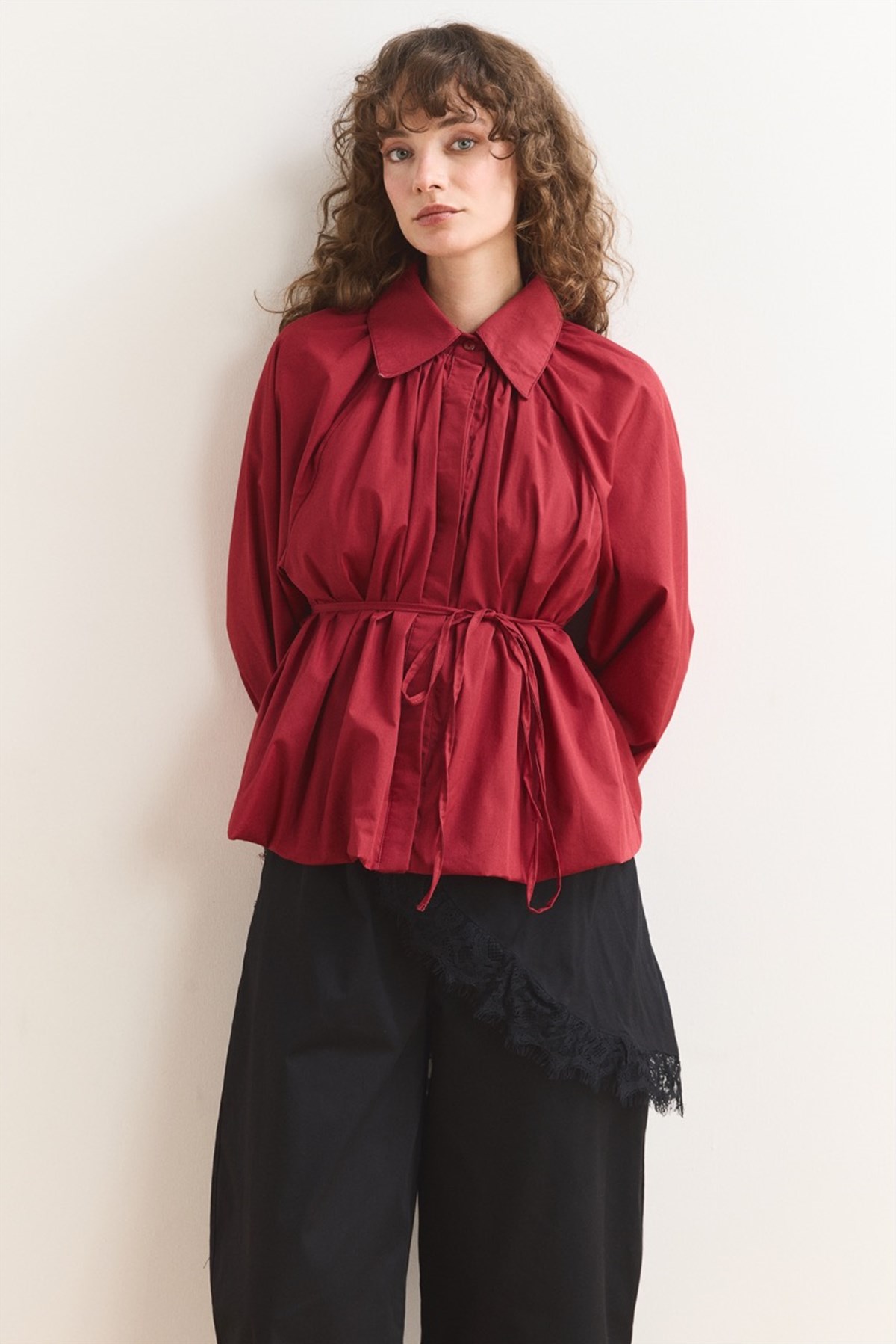 Pileli Balon Poplin Gömlek - Kırmızı