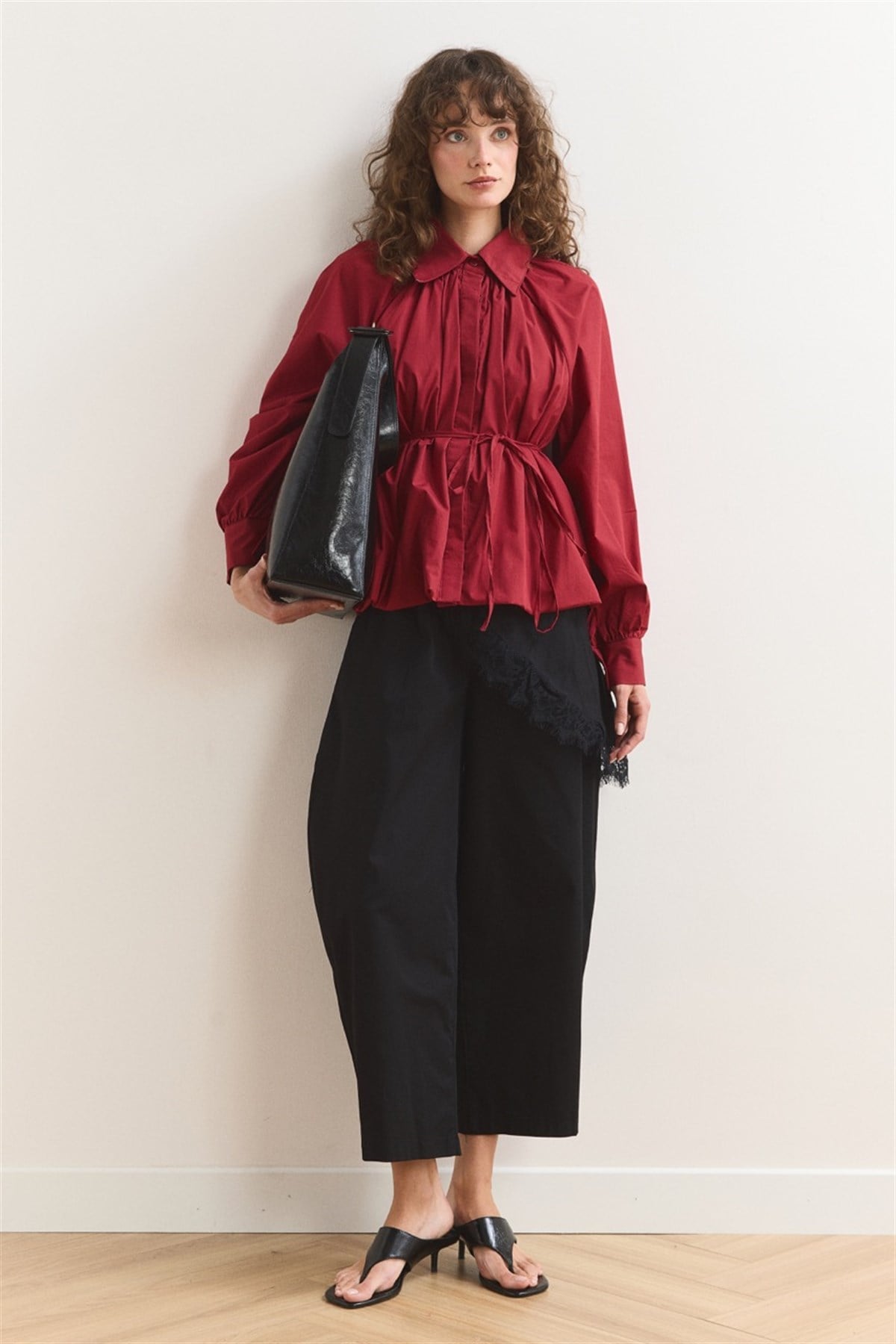 Pileli Balon Poplin Gömlek - Kırmızı