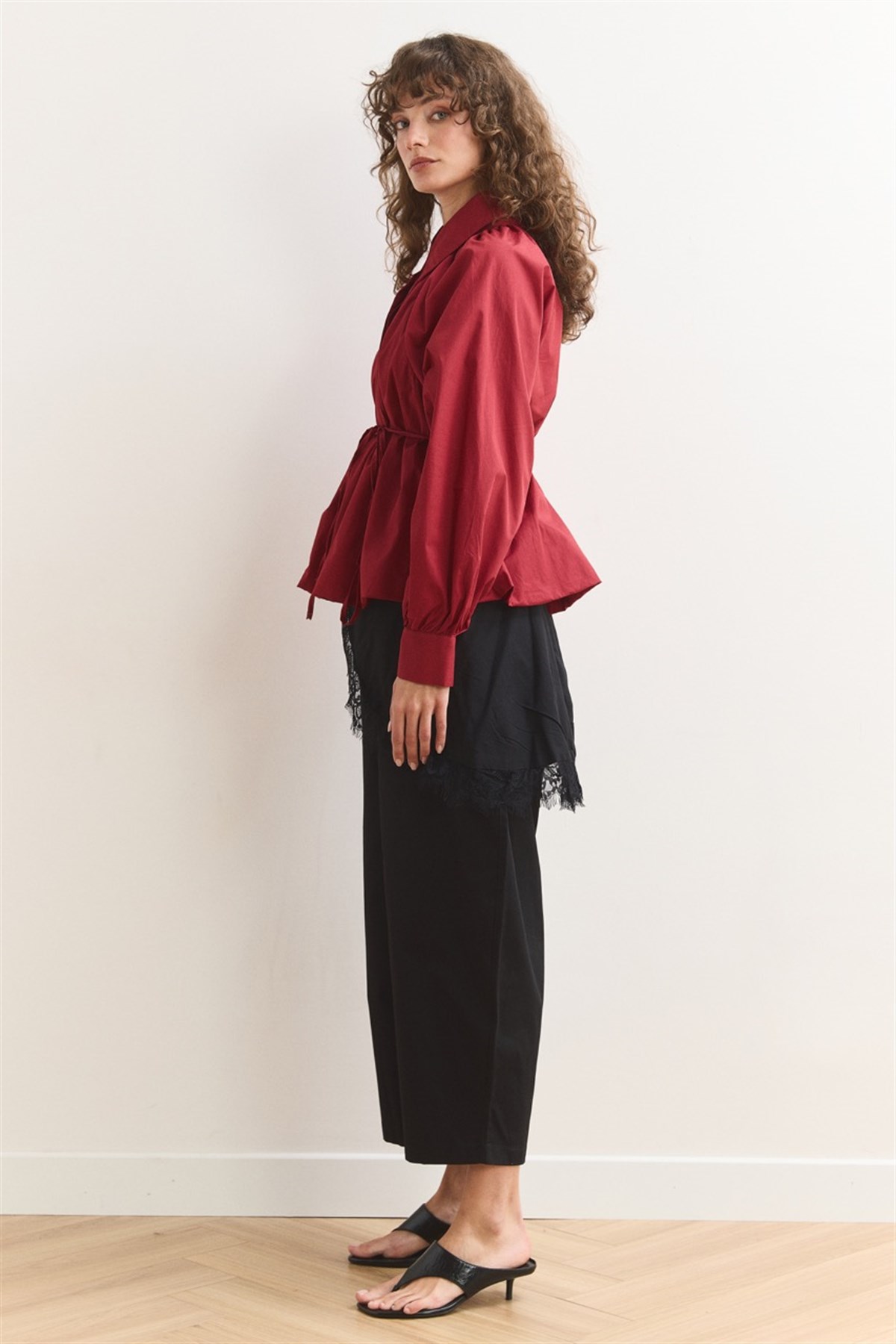 Pileli Balon Poplin Gömlek - Kırmızı